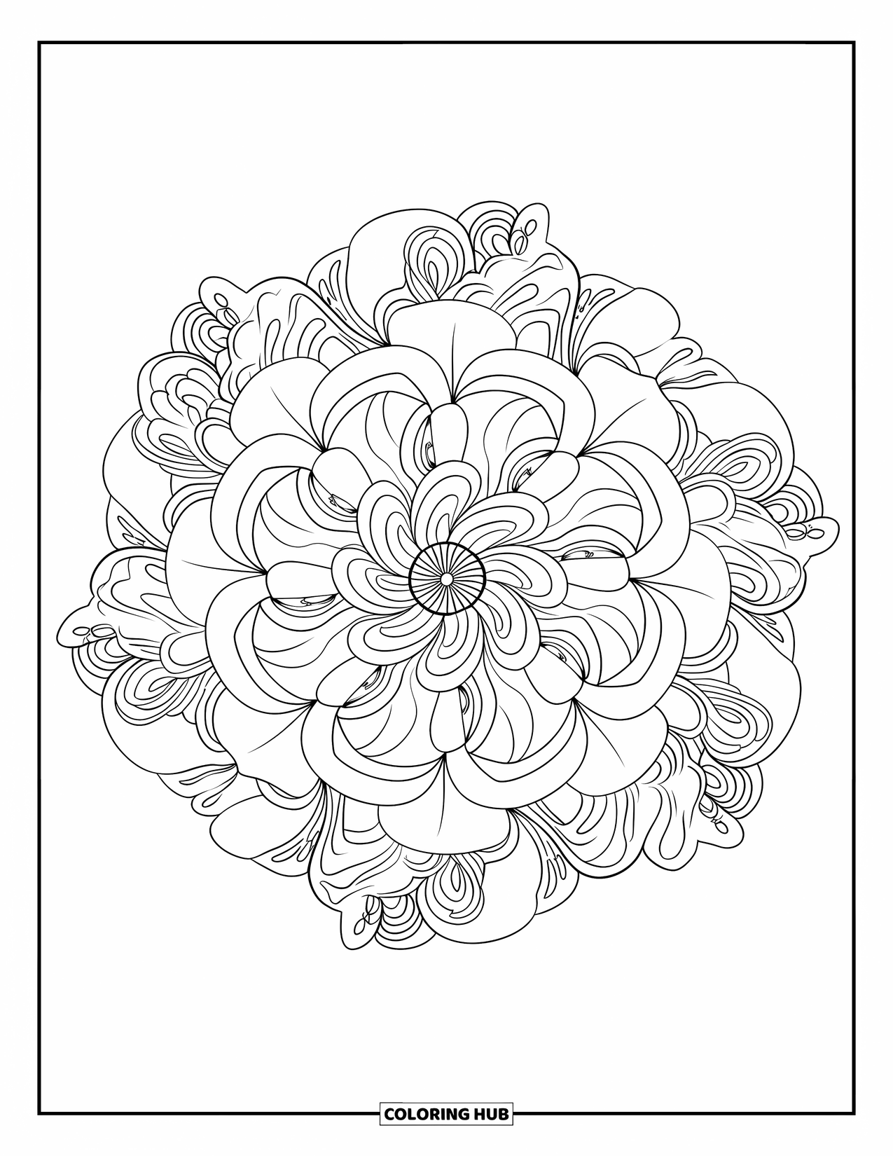 Rose Mandala Coloring Page for Adults: Full-page rose mandala with rosebuds and delicate scrolls