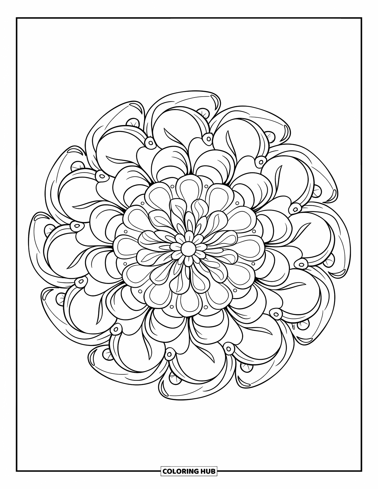 Rose Mandala Coloring Page for Adults: Intricate rose mandala with layers of rosebuds and floral patterns