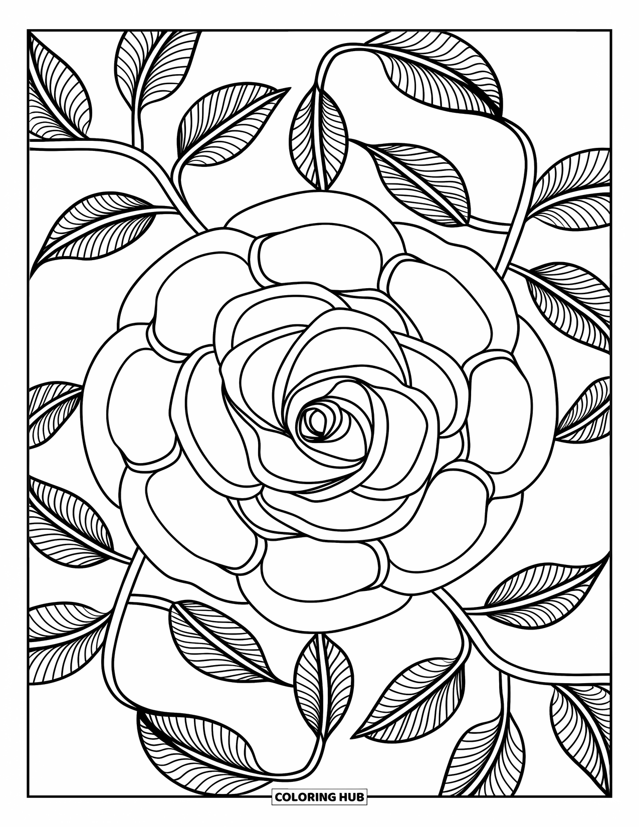 Rose Mandala Coloring Page for Adults: Intricate rose mandala with spiraling vines and lacy leaf patterns