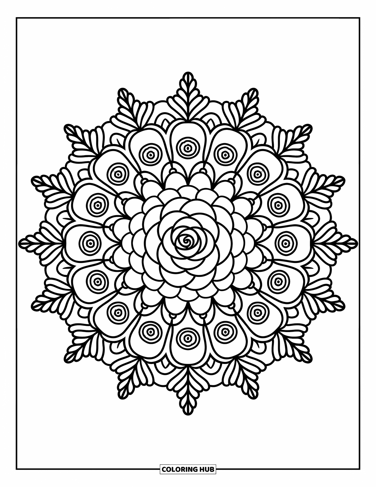Rose Mandala Coloring Page for Adults: Lace-style rose mandala with curls, rounded leaves, and rose-filled layers