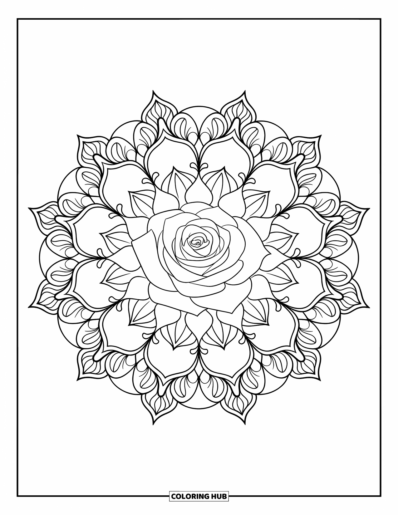 Rose Mandala Coloring Page for Adults: Large rose mandala with full-page floral symmetry
