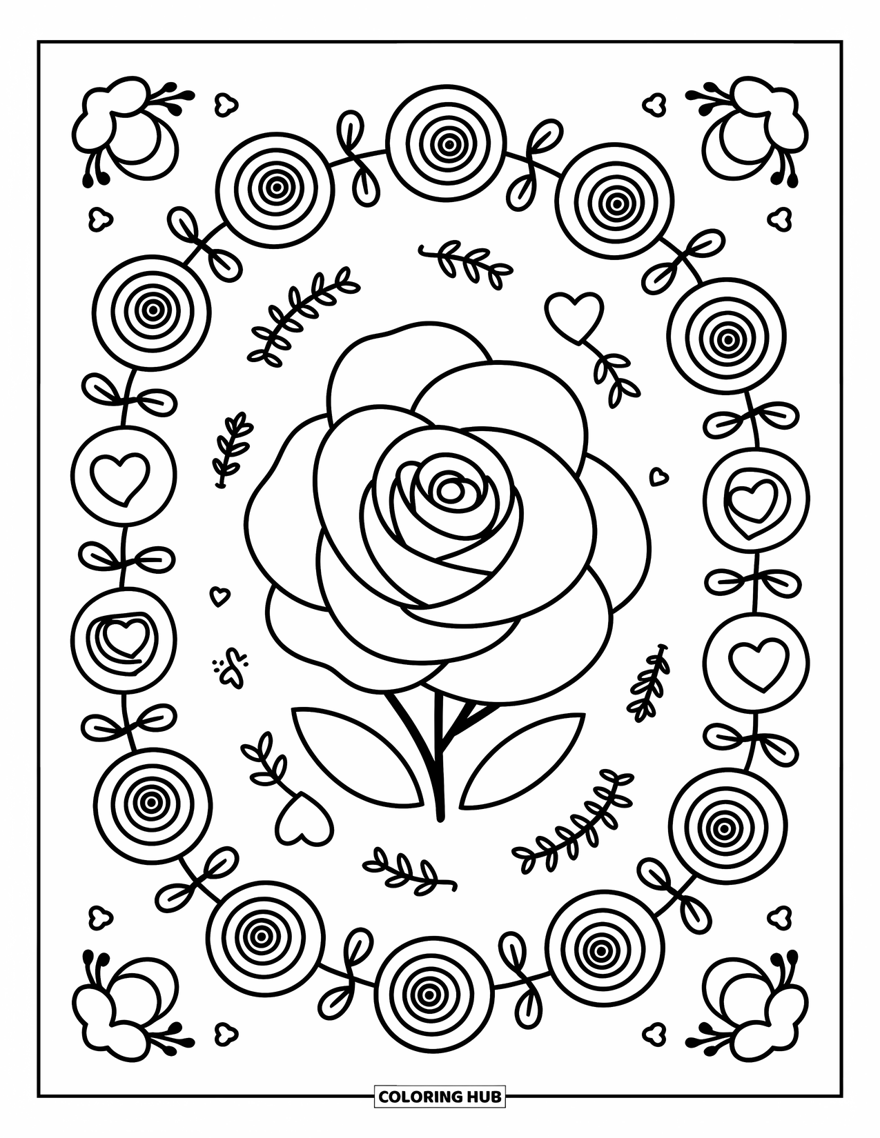Rose Mandala Coloring Page for Adults: Plump rose with heart loops and leafy curls forming a soft spiral