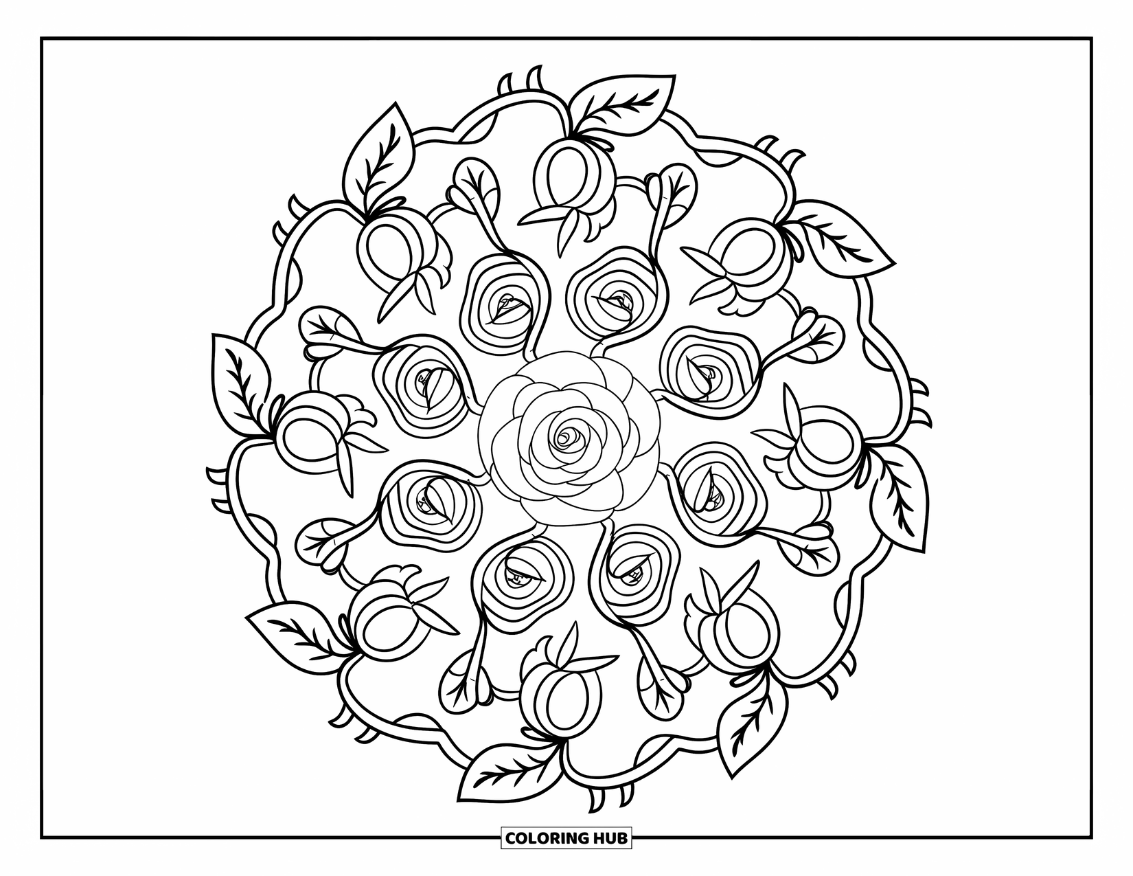 Rose Mandala Coloring Page for Adults: Radial rose mandala with vines, thorns, and veined leaves