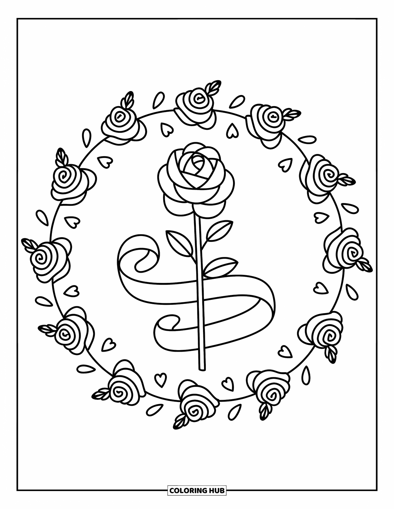 Rose Mandala Coloring Page for Adults: Ribbon-wrapped rose mandala with heart-shaped leaves and tiny rose blooms