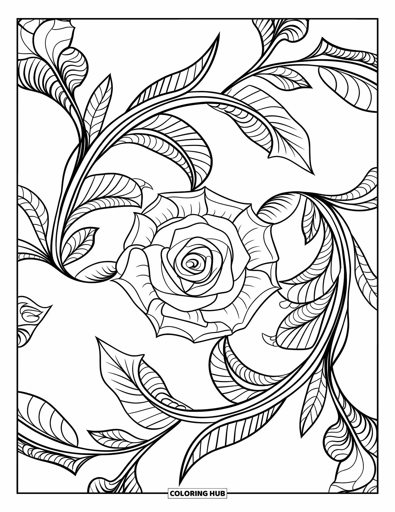 Rose Mandala Coloring Page for Adults: Rose mandala design with vines and lace-style leaf flourishes