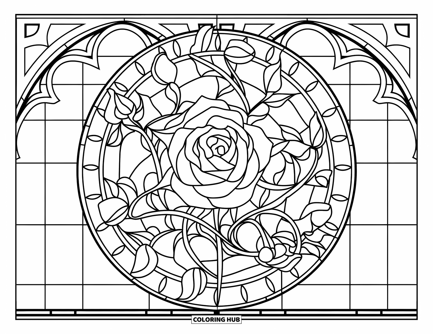 Rose Mandala Coloring Page for Adults: Rose mandala inside a cathedral-style stained glass circle