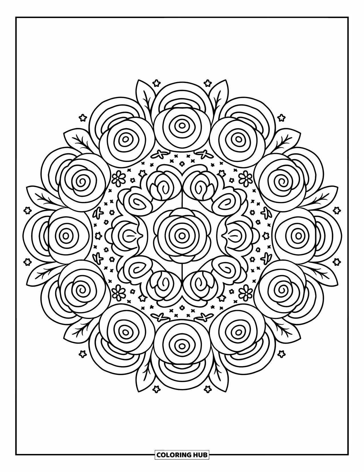 Rose Mandala Coloring Page for Adults: Rose mandala layered with flowers, stars, and rounded leaves