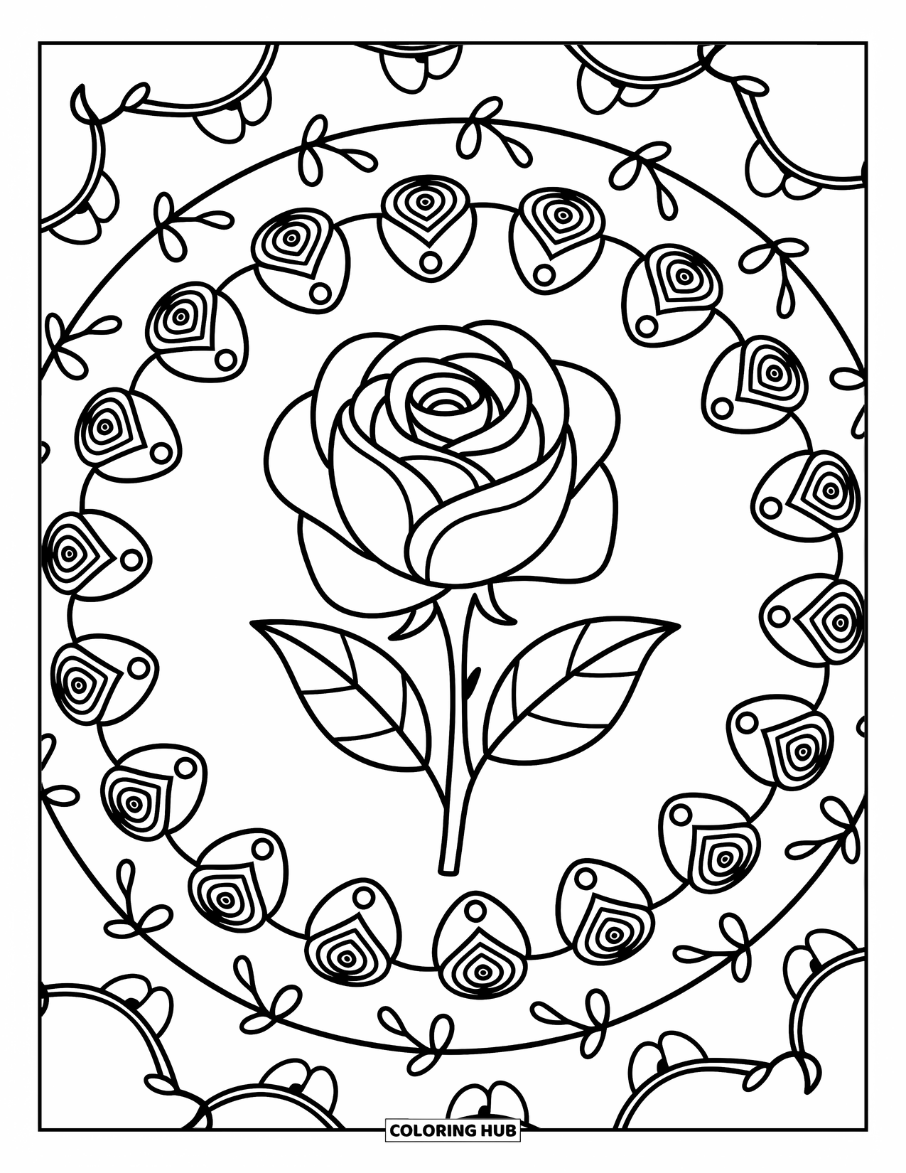 Rose Mandala Coloring Page for Adults: Rose mandala spiral with rose hearts and tiny curling leaves