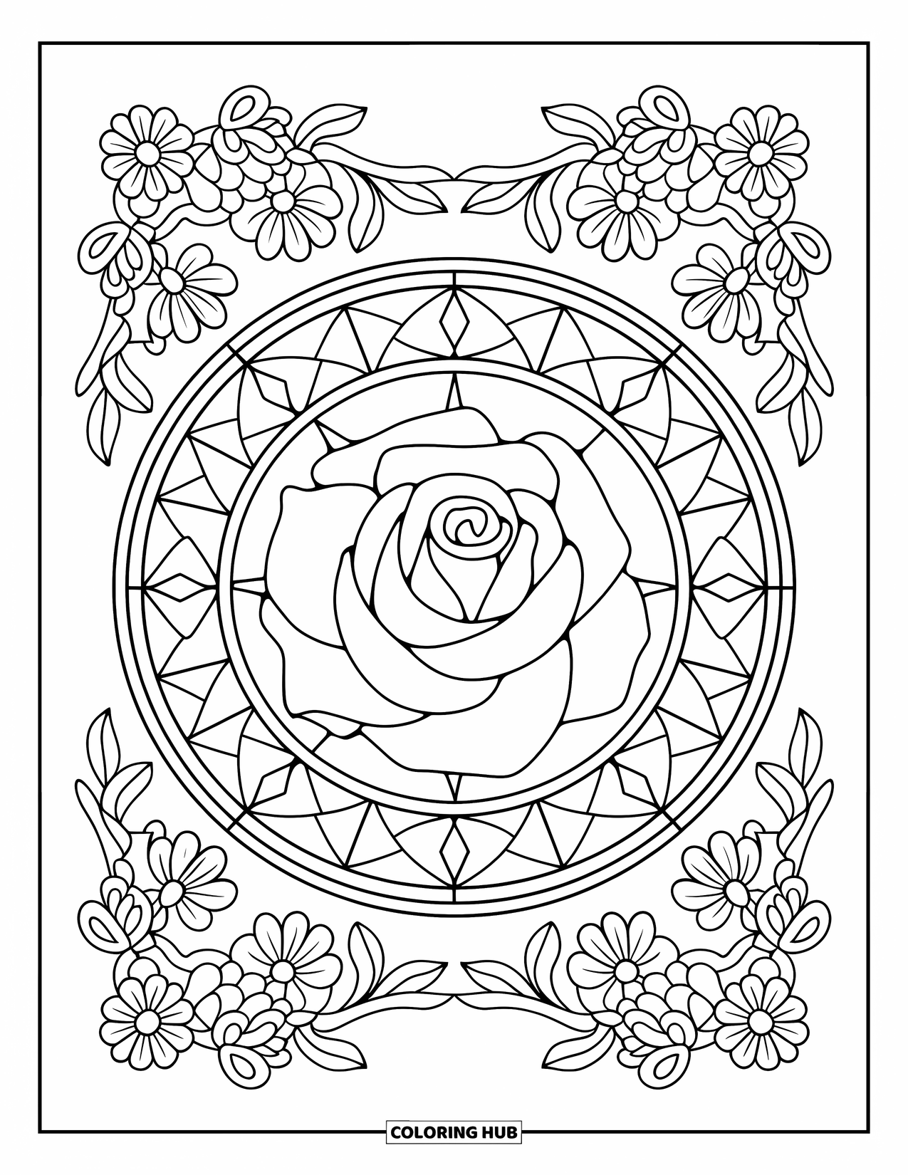 Rose Mandala Coloring Page for Adults: Rose mandala with detailed petals and geometric stained glass
