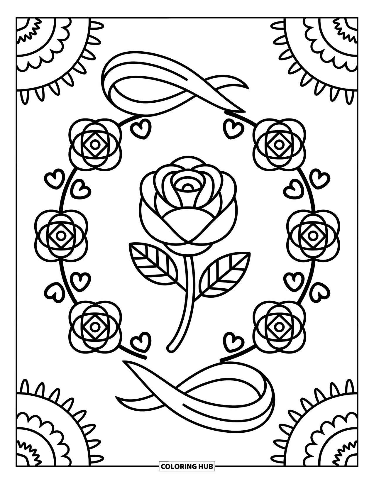 Rose Mandala Coloring Page for Adults: Rose mandala with flowing ribbon, heart leaves, and blooming charms