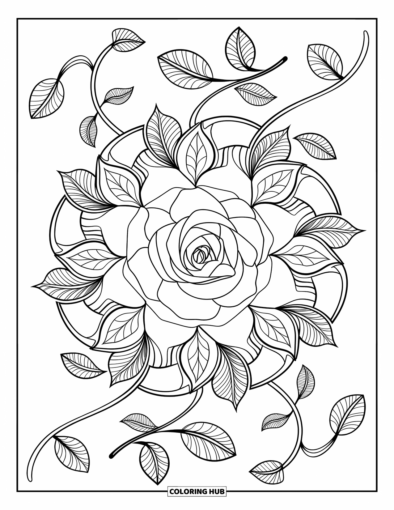 Rose Mandala Coloring Page for Adults: Rose mandala with lace-like leaves and spiraling vines