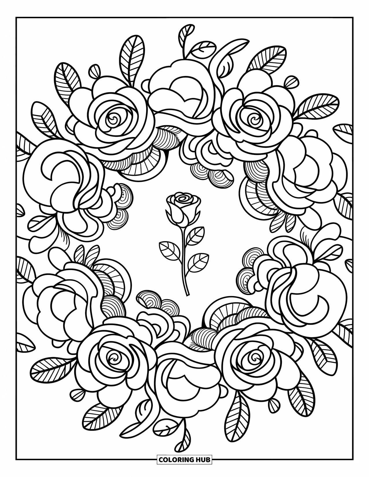 Rose Mandala Coloring Page for Adults: Rose mandala with lacey layers of roses and cozy leafy curls