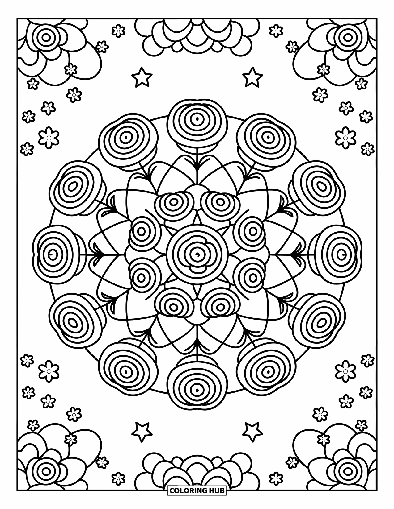 Rose Mandala Coloring Page for Adults: Rose mandala with layered rosettes, stars, and cozy leafy circles