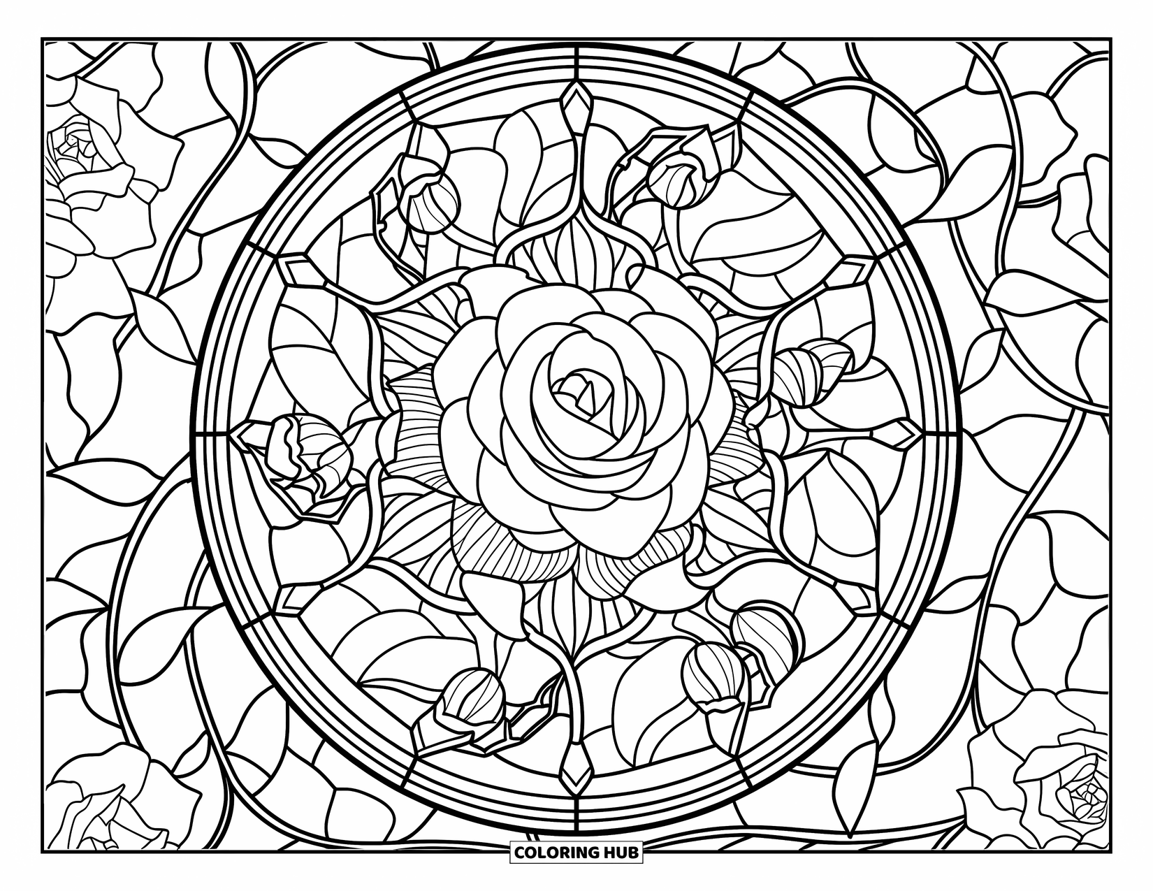Rose Mandala Coloring Page for Adults: Rose mandala with stained glass details and swirling vines