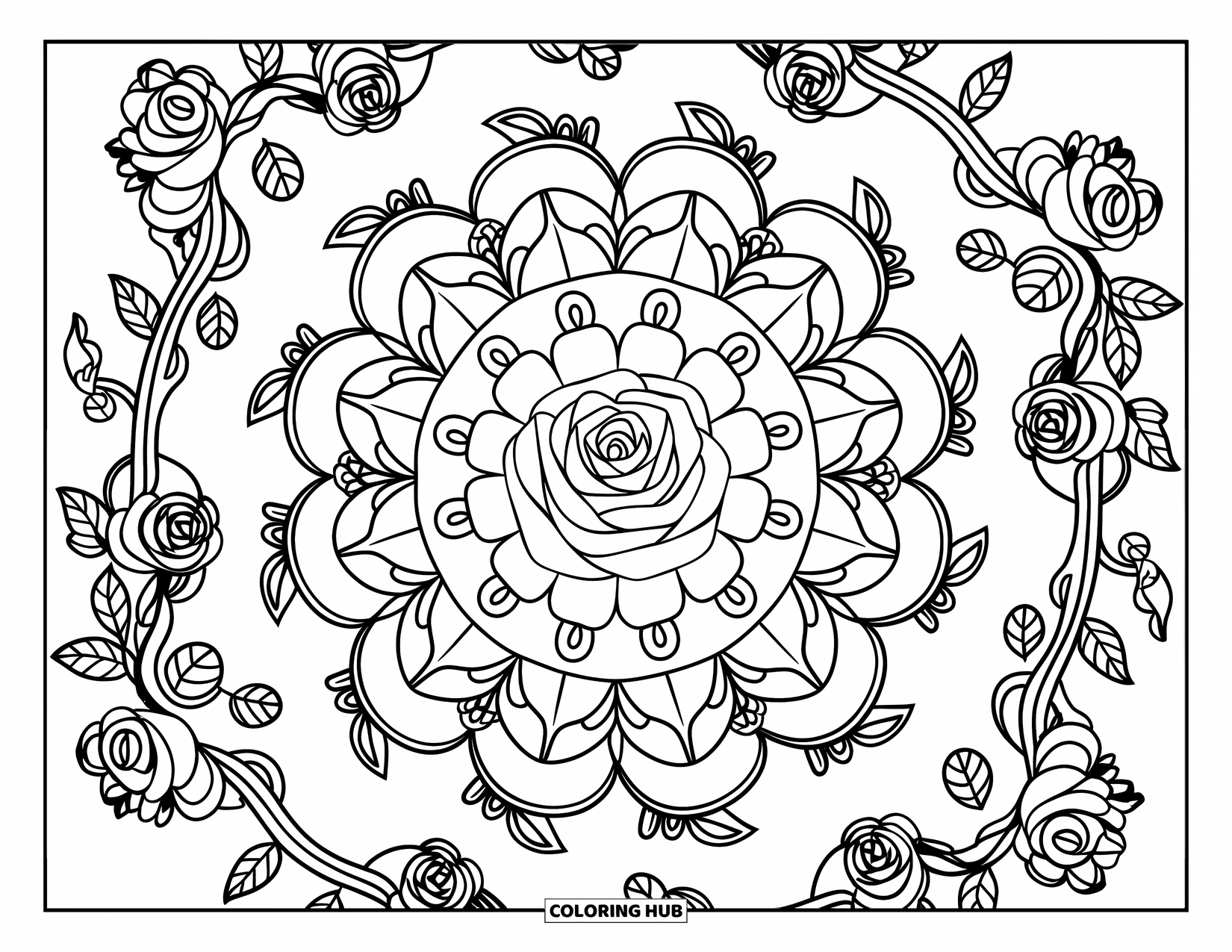 Rose Mandala Coloring Page for Adults: Rose mandala with vines, leaf flourishes, and a floral border