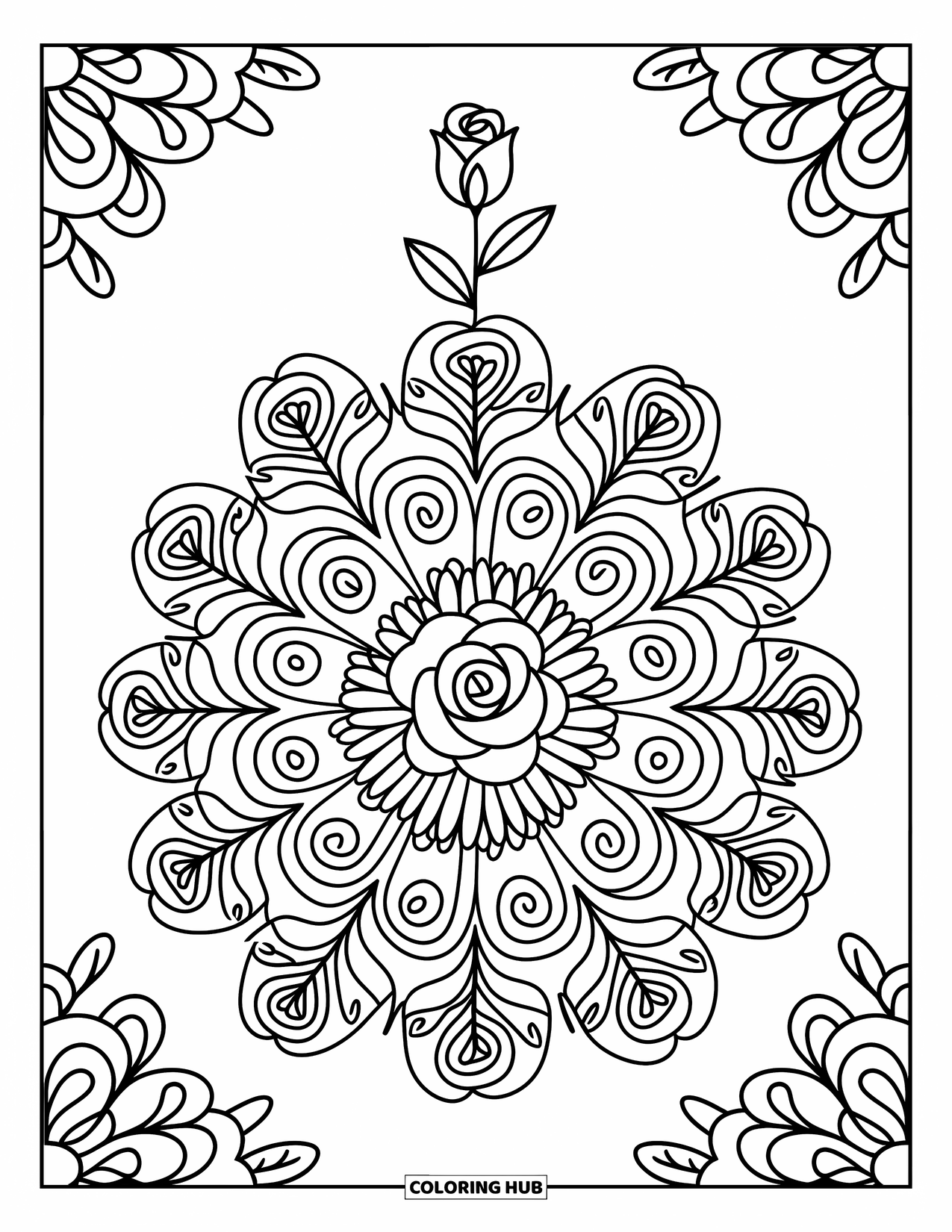 Rose Mandala Coloring Page for Adults: Rosebud mandala with lacey curls, roses, and leafy swirls
