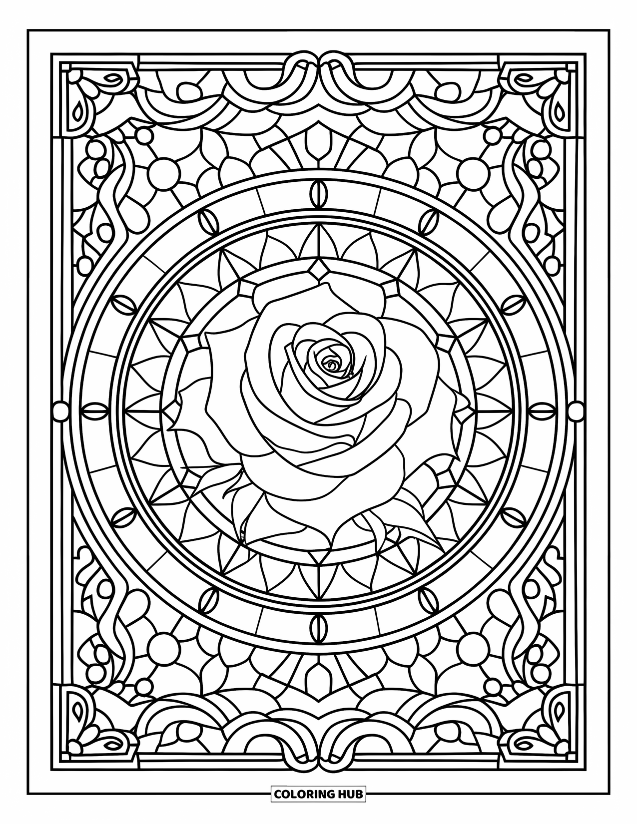 Rose Mandala Coloring Page for Adults: Stained glass rose mandala framed with floral patterns