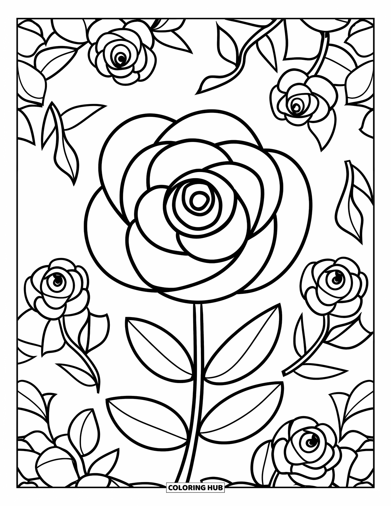 Rose Mandala Coloring Page for Kids: A big rose with round petals and leaves creates a fun mandala