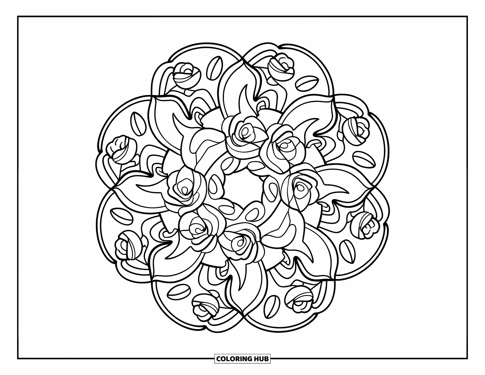 Rose Mandala Coloring Page for Kids: A floral mandala wreath with five thick rings of petals and leaves