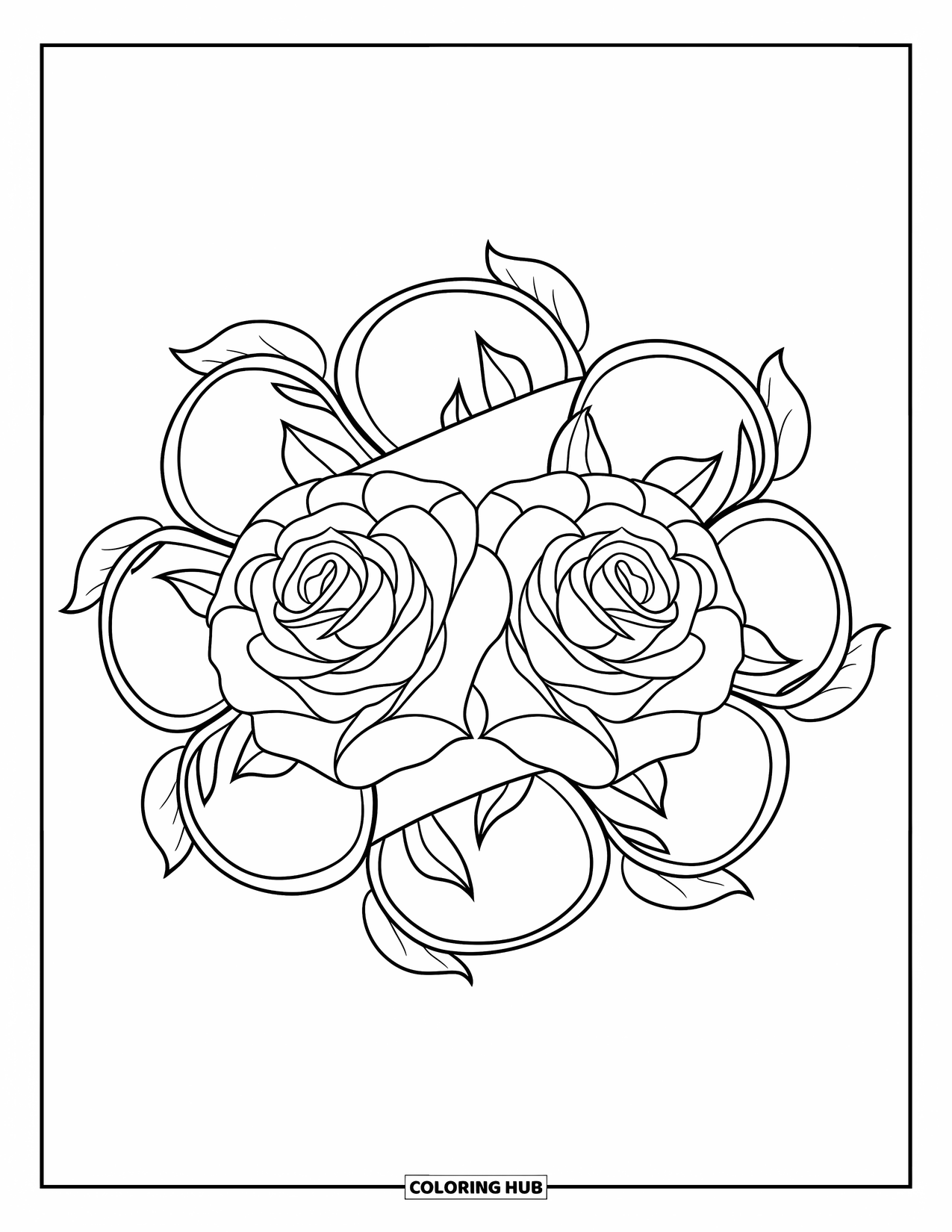 Rose Mandala Coloring Page for Kids: A pair of roses bloom inside loops of leaves in a circular pattern