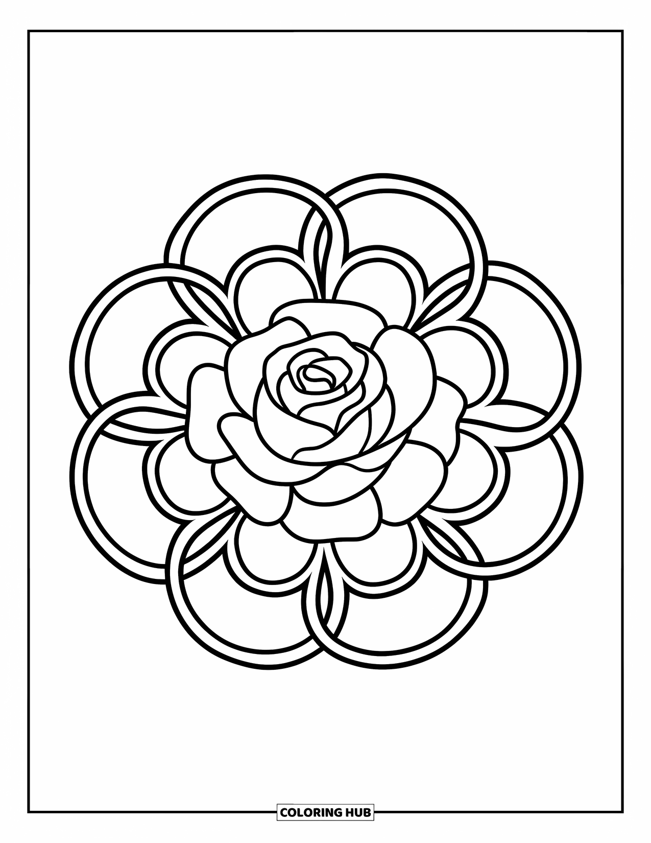 Rose Mandala Coloring Page for Kids: A rose sits in the middle, surrounded by big, loopy petals