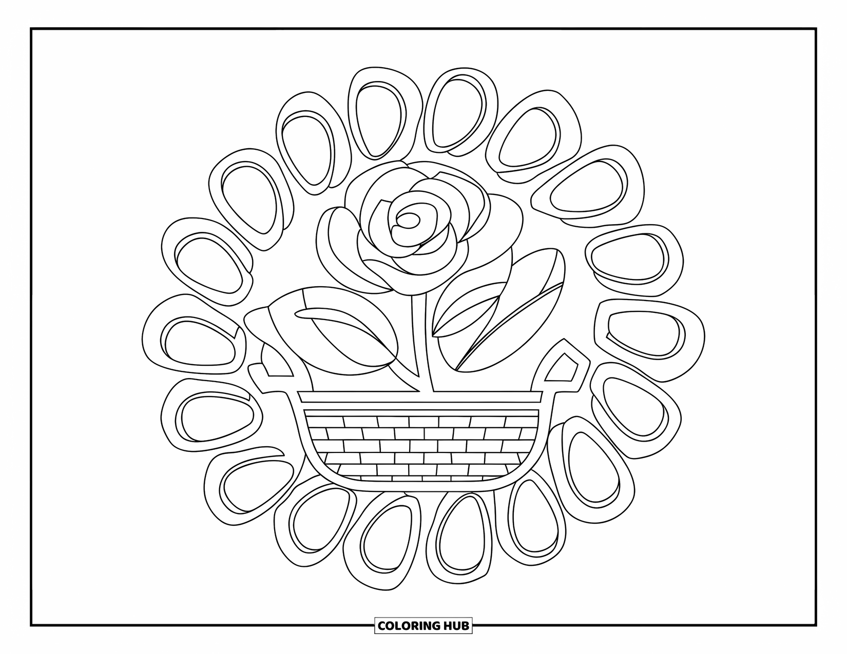 Rose Mandala Coloring Page for Kids: A rose with thorns rests in a basket among swirly flower loops