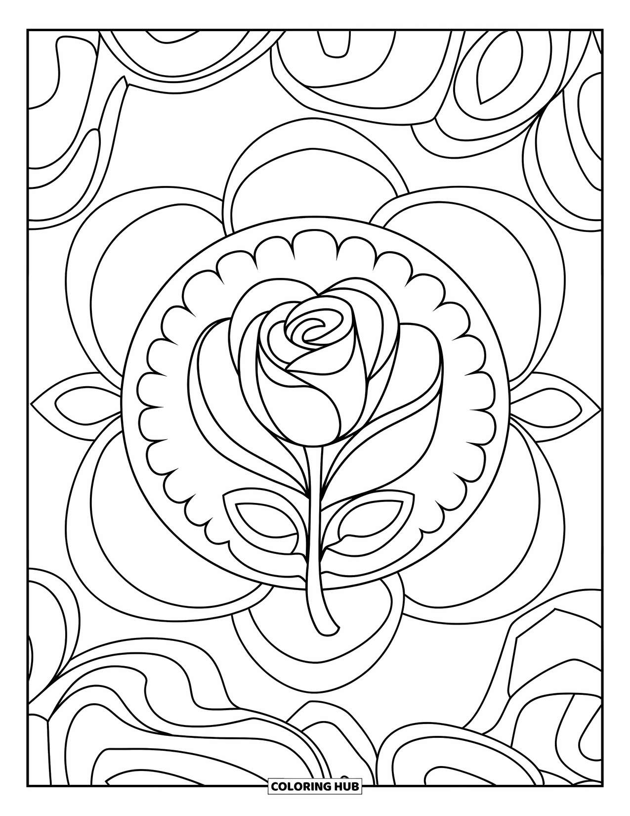 Rose Mandala Coloring Page for Kids: A small rosebud sits inside soft, layered loops