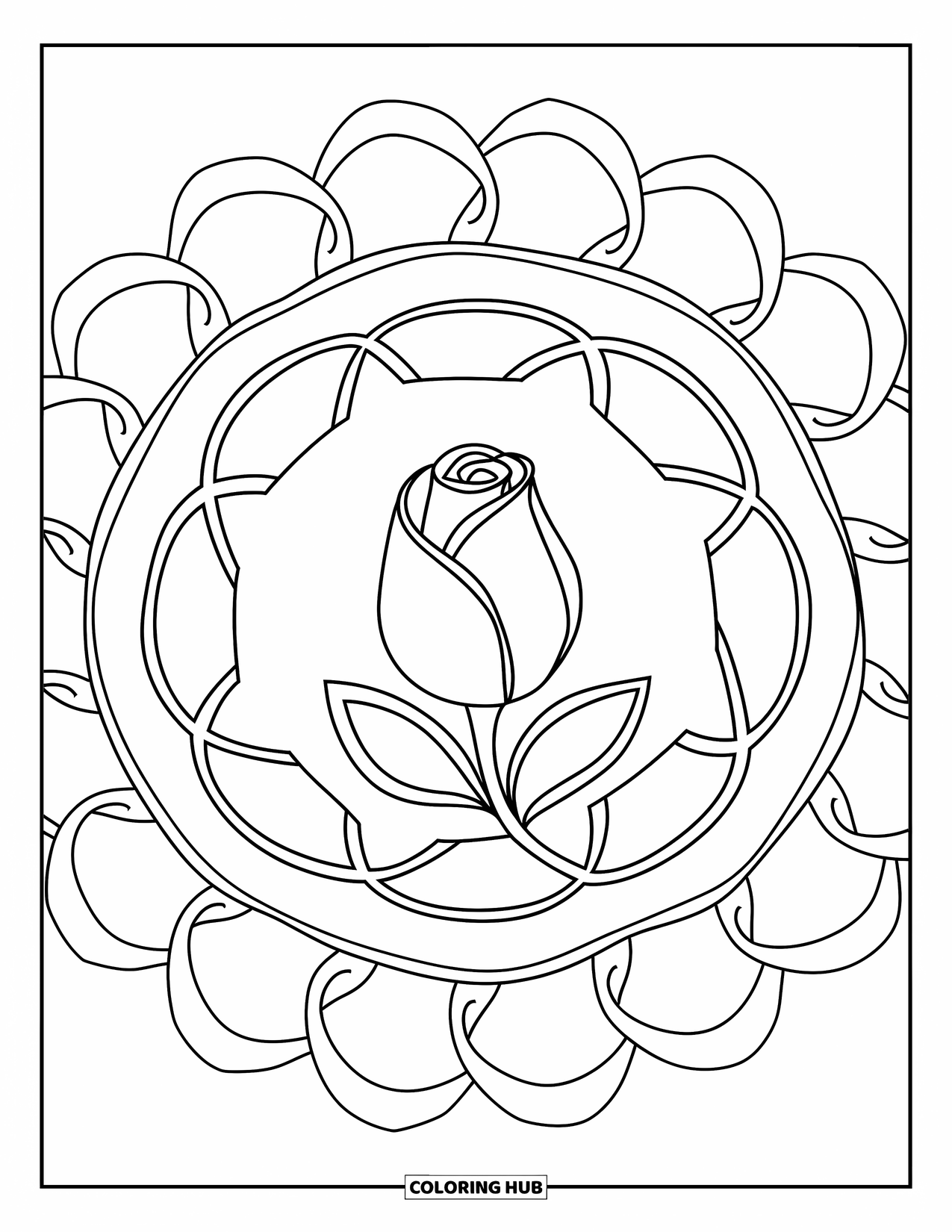 Rose Mandala Coloring Page for Kids: A tiny rosebud surrounded by big, soft mandala loops