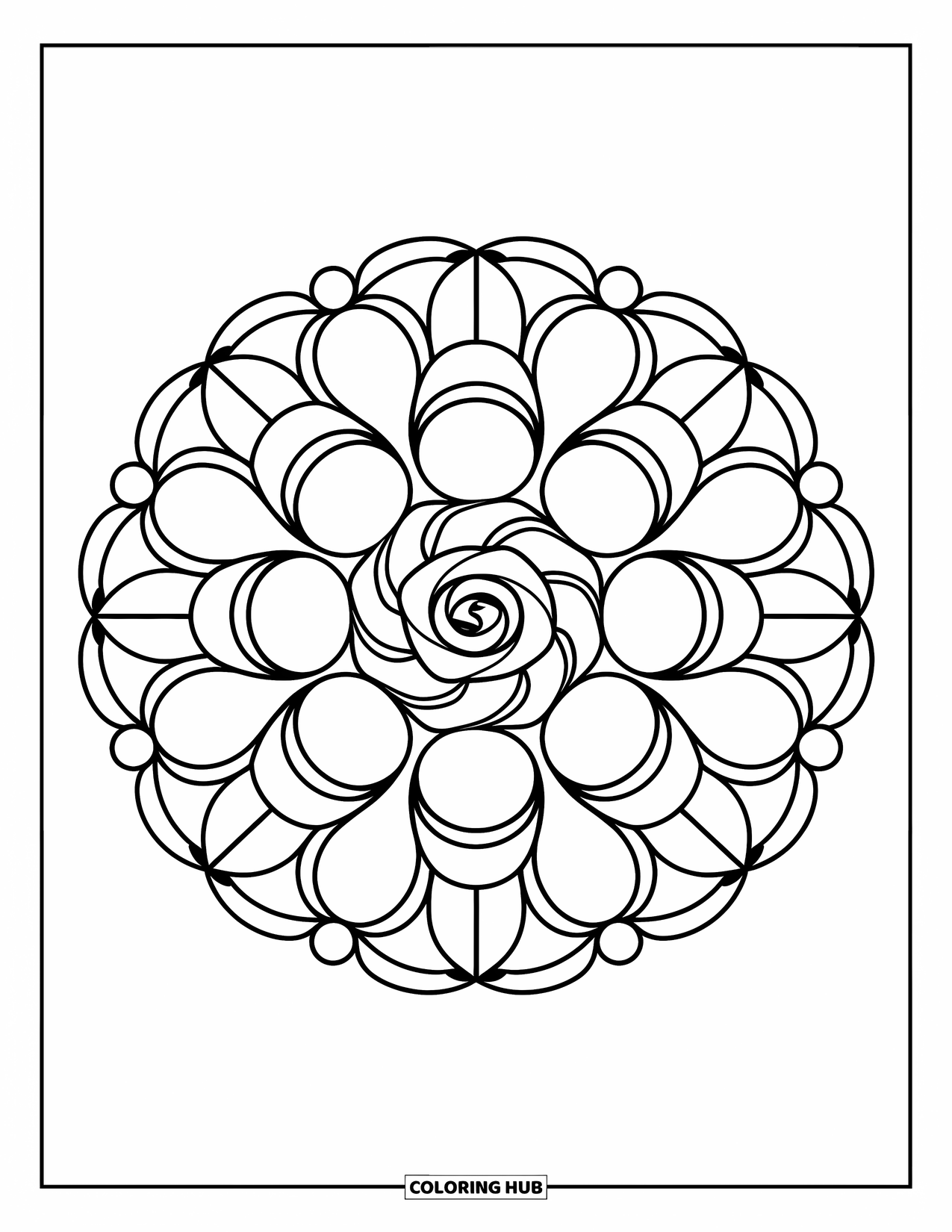 Rose Mandala Coloring Page for Kids: Bold circles and leaf shapes form a playful rose mandala