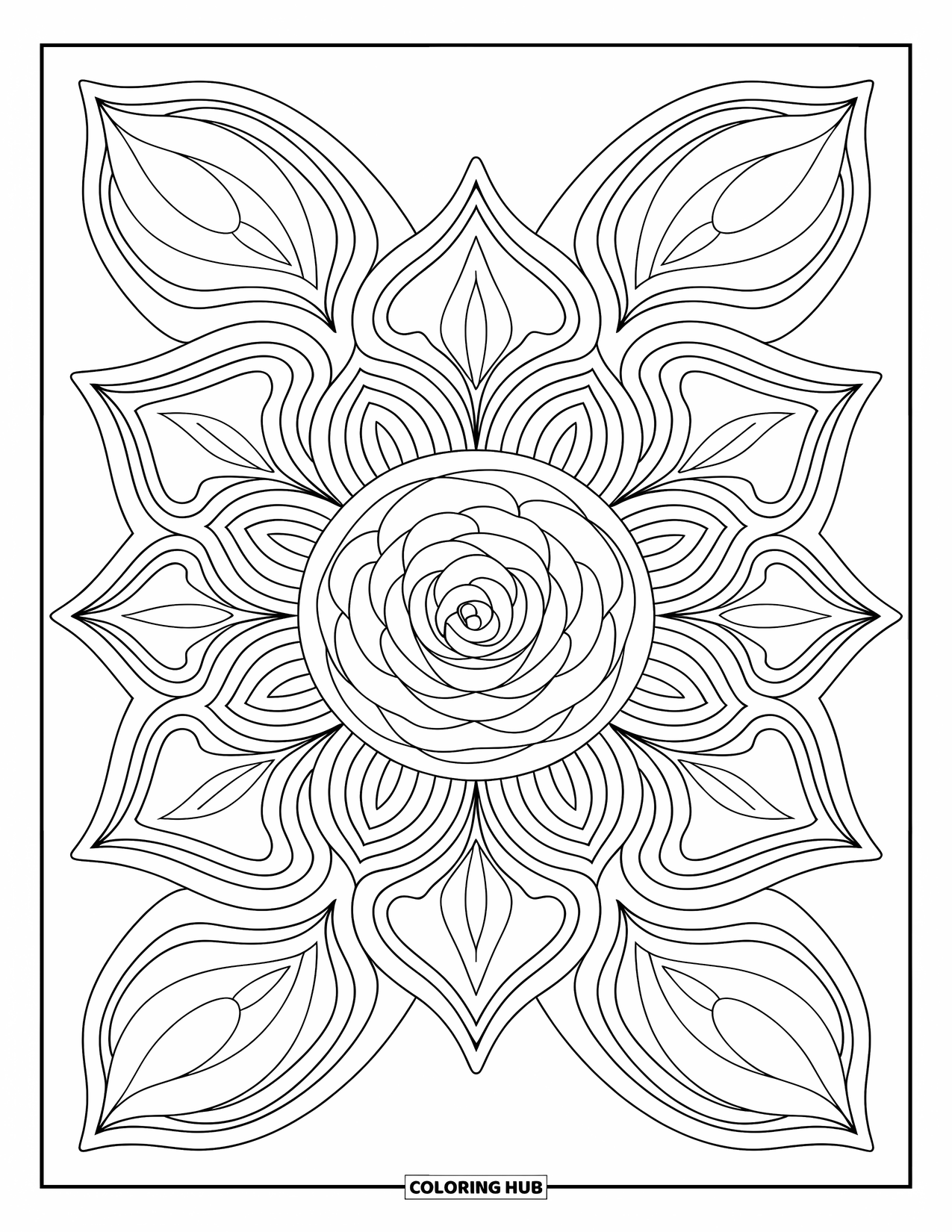 Rose Mandala Coloring Page for Kids: Bold rose mandala with layered symmetry and leaf accents