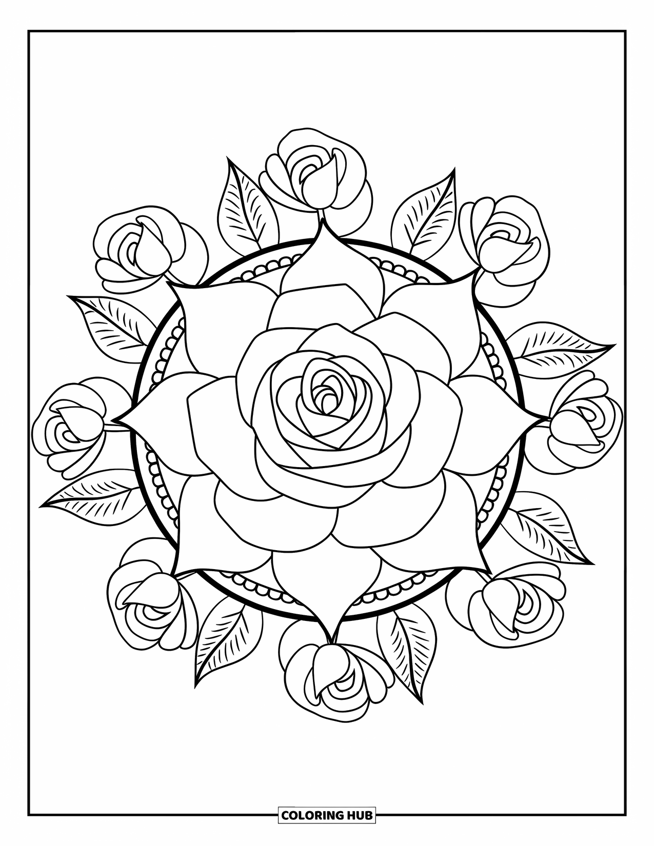 Rose Mandala Coloring Page for Kids: Center rose and surrounding roses form a symmetrical botanical design