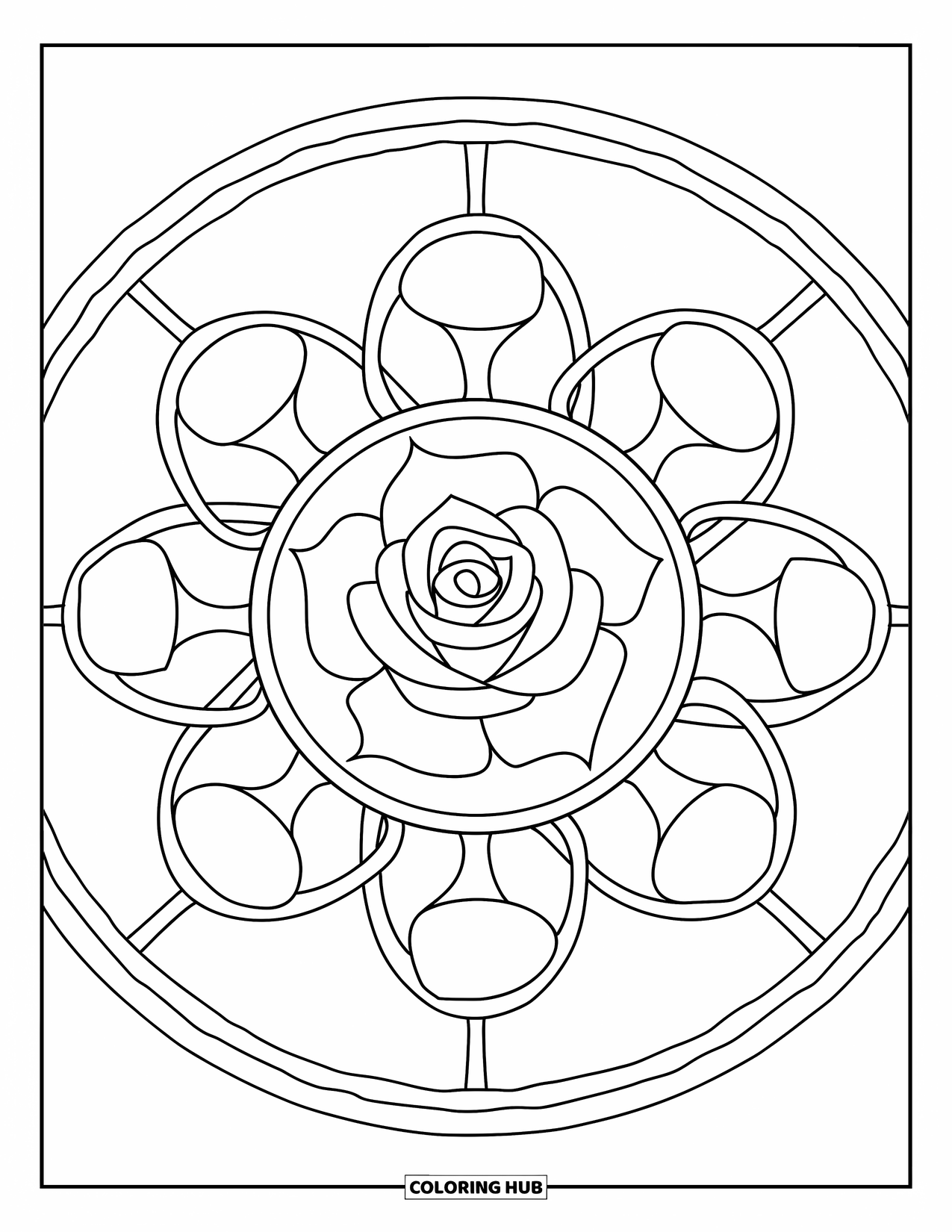 Rose Mandala Coloring Page for Kids: Central rose with five petals and large loops around it