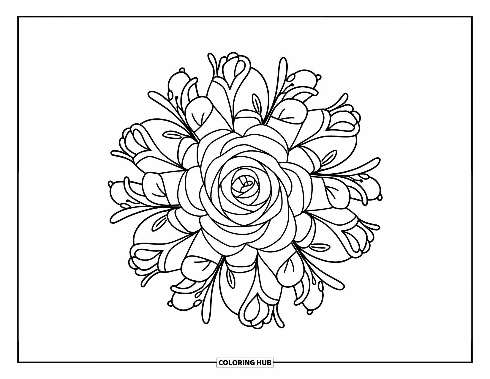 Rose Mandala Coloring Page for Kids: Circular rose mandala with petals, buds, and tiny dotted flourishes