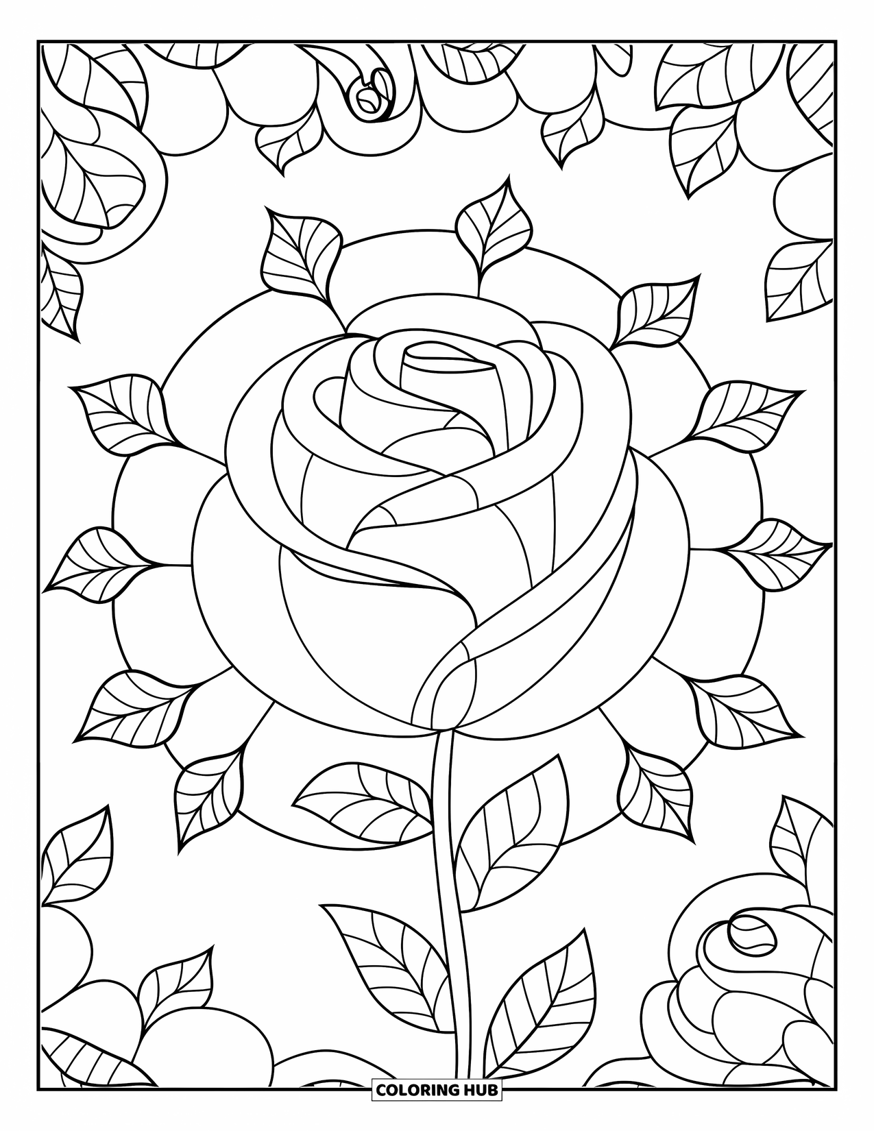 Rose Mandala Coloring Page for Kids: Circular rose petals and leafy shapes build a happy mandala