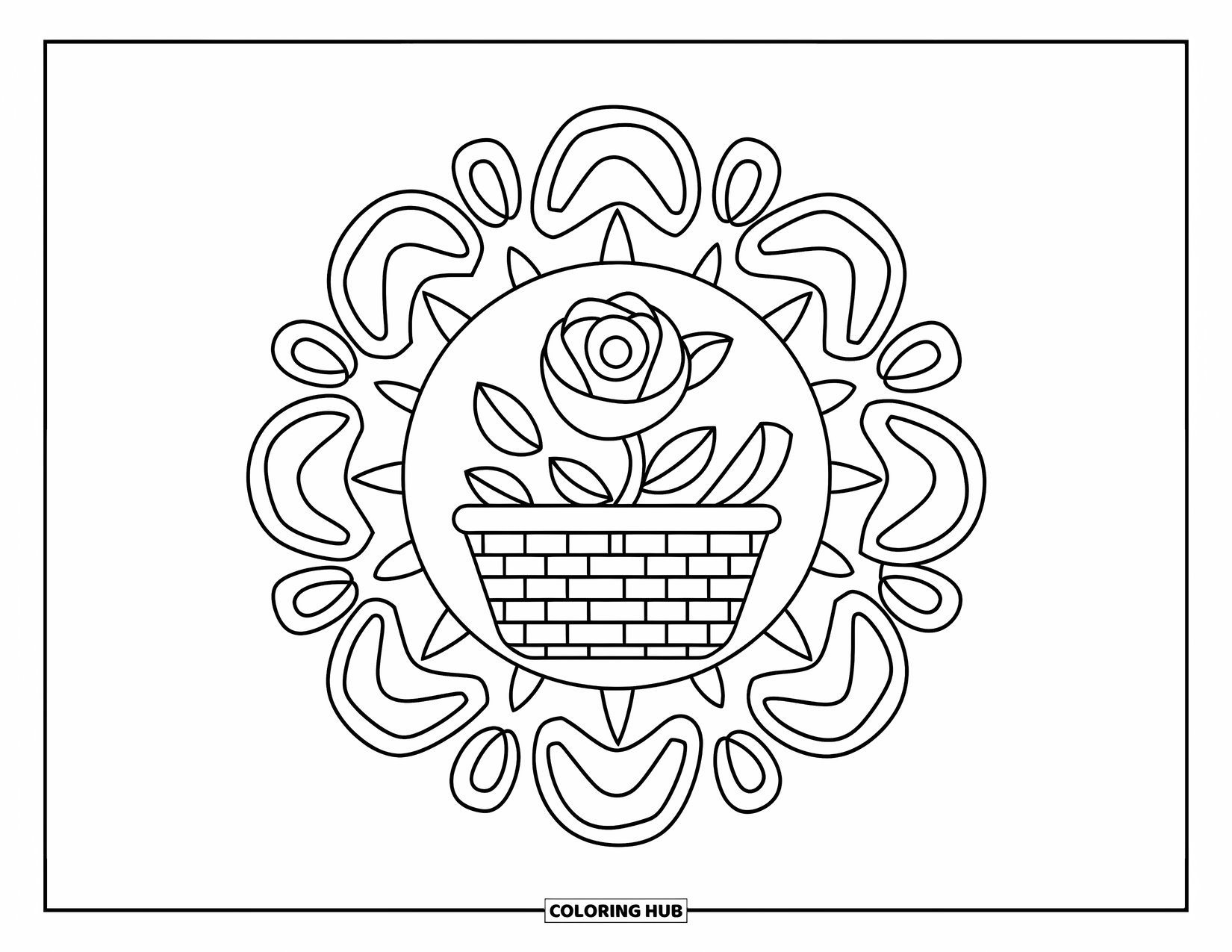 Rose Mandala Coloring Page for Kids: Cozy rose in a basket surrounded by fun, swirly flower loops