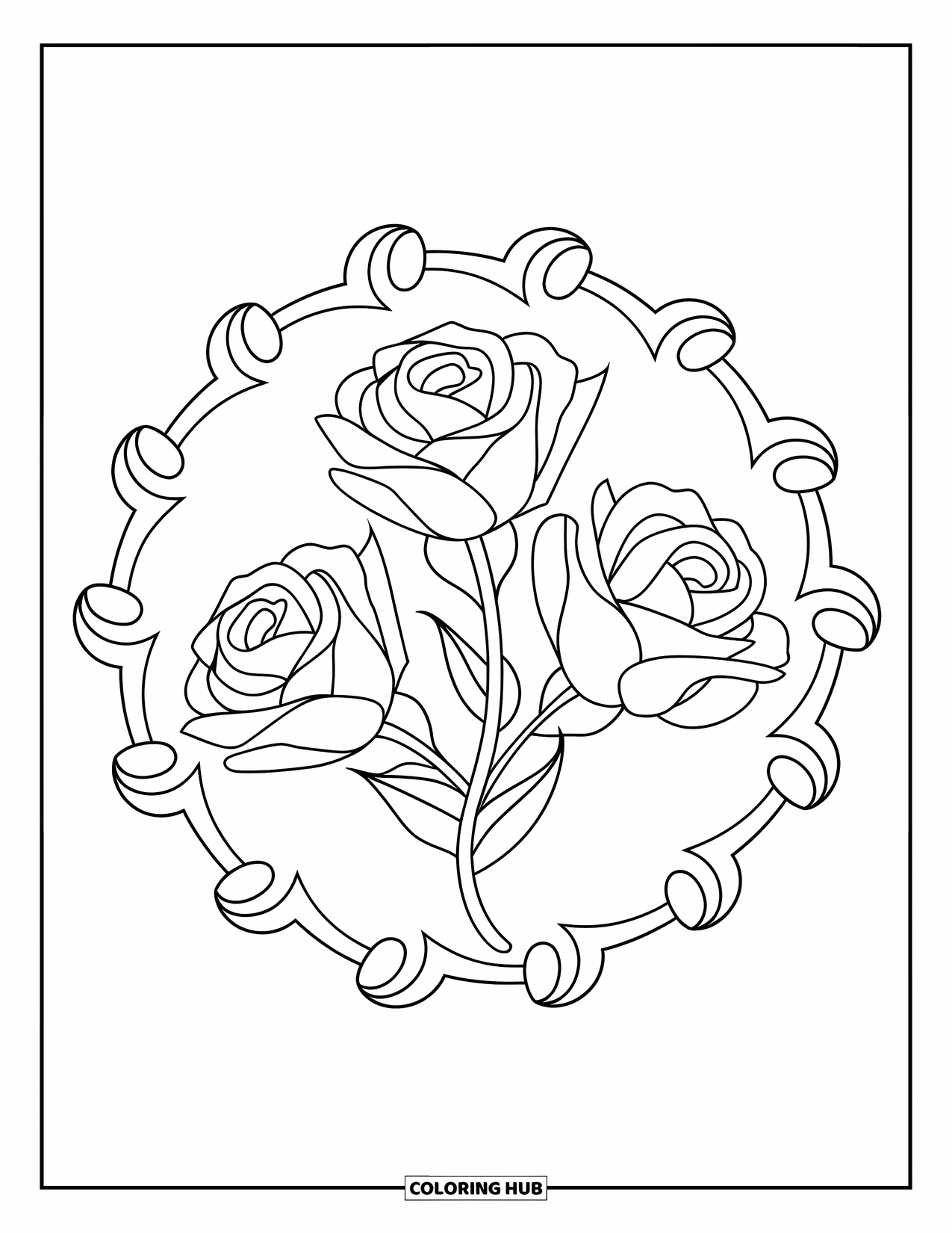 Rose Mandala Coloring Page for Kids: Curled petal rings surround three roses in a symmetrical design