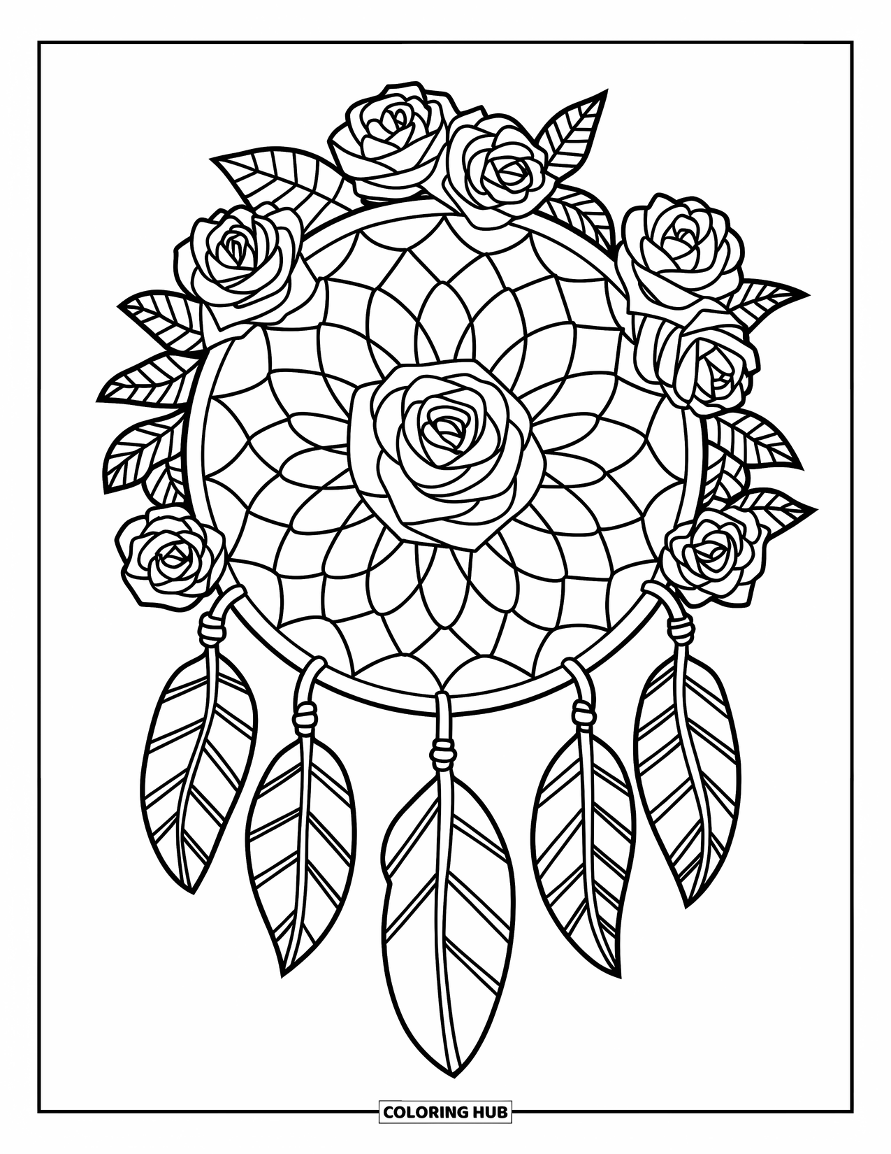 Rose Mandala Coloring Page for Kids: Dreamcatcher-style mandala filled with roses and winding vines