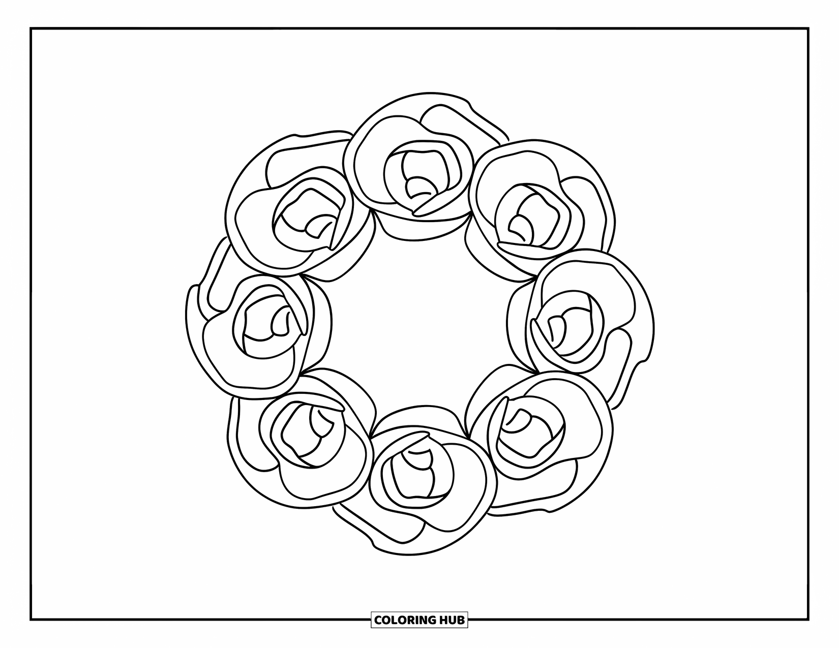 Rose Mandala Coloring Page for Kids: Five chunky floral layers form a cute rose mandala wreath