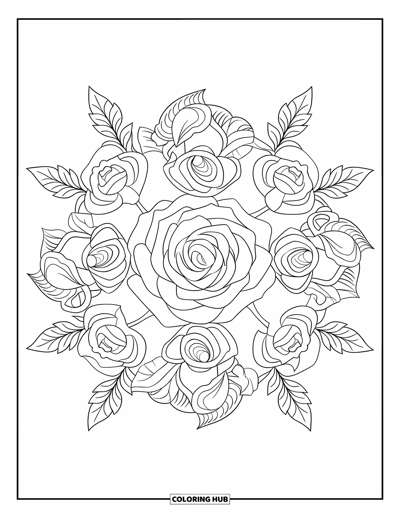Rose Mandala Coloring Page for Kids: Large center rose surrounded by smaller roses in a leafy pattern