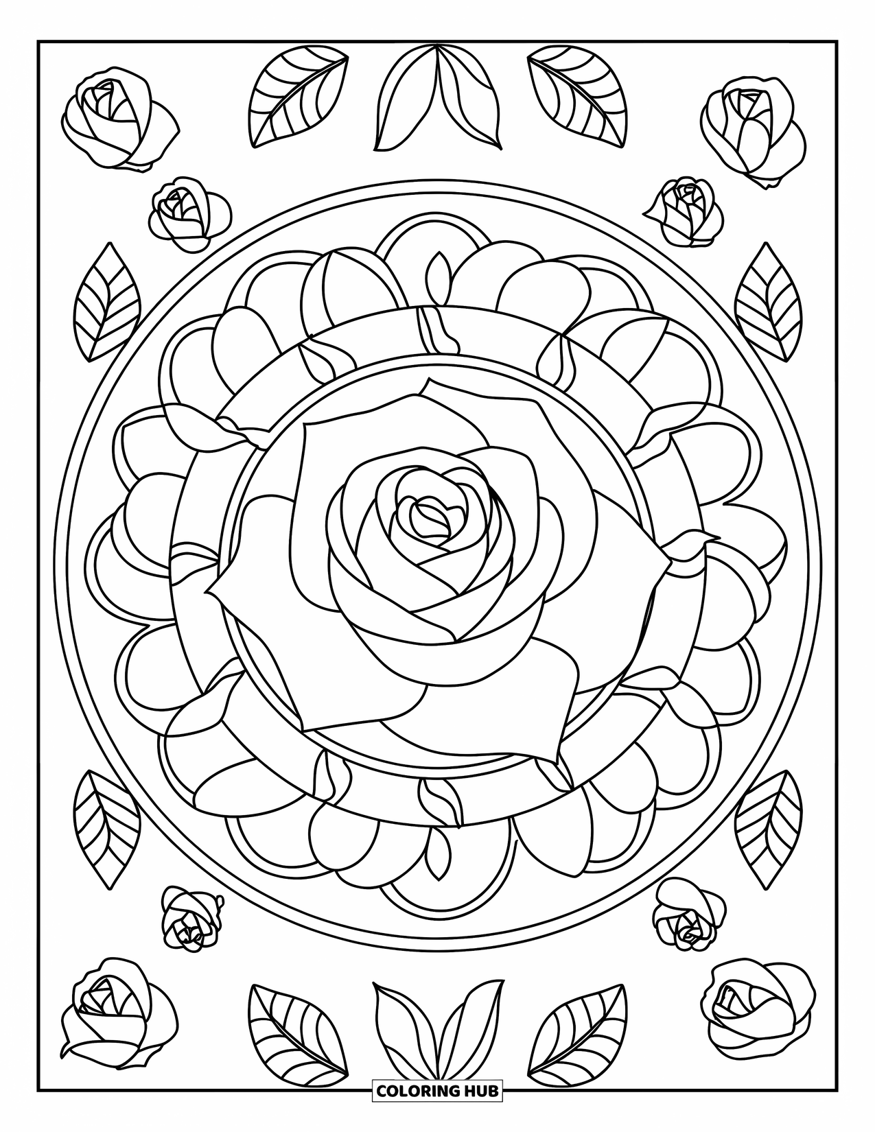 Rose Mandala Coloring Page for Kids: Large rose with leafy circles makes a simple, cheerful mandala