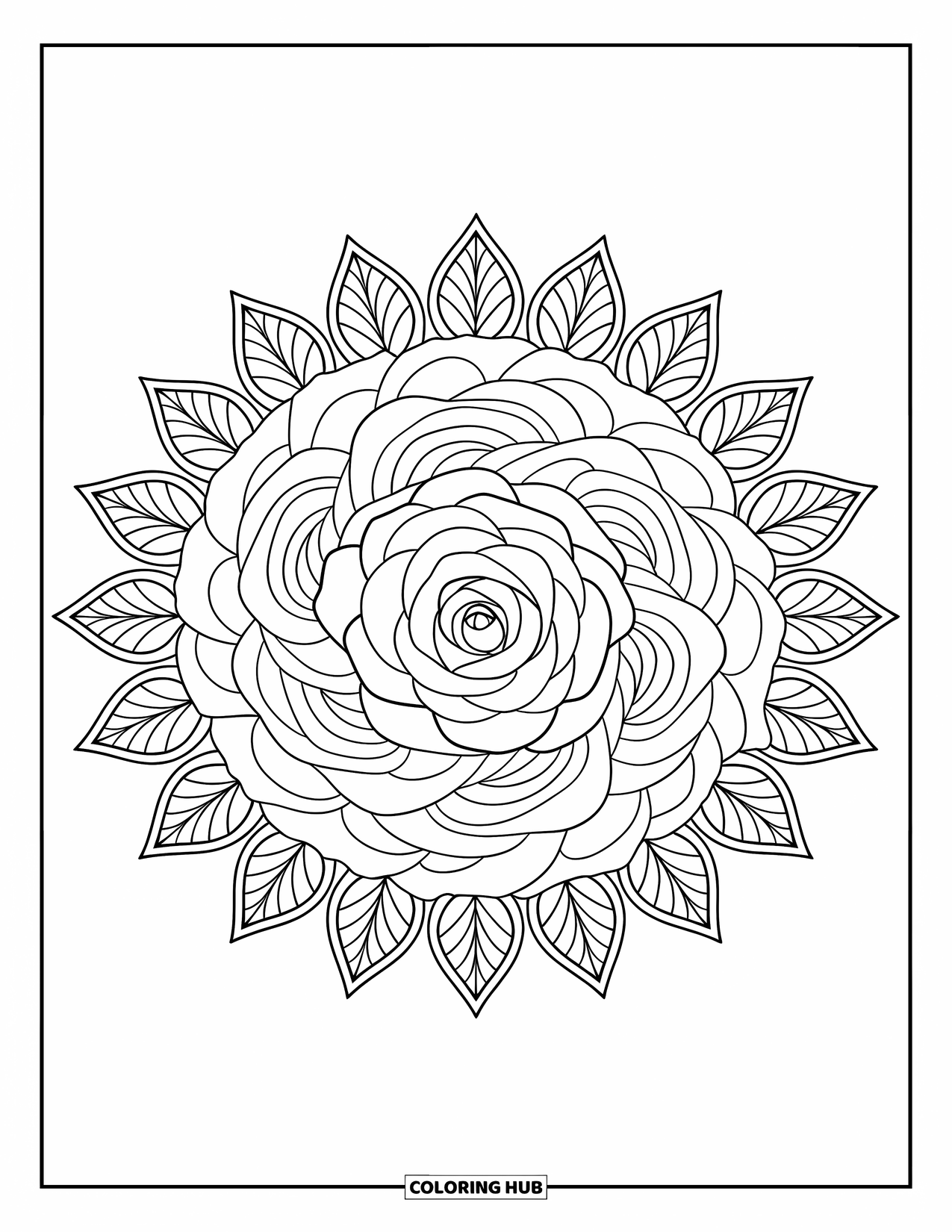 Rose Mandala Coloring Page for Kids: Layered roses and lacey leaves form a bold rose mandala
