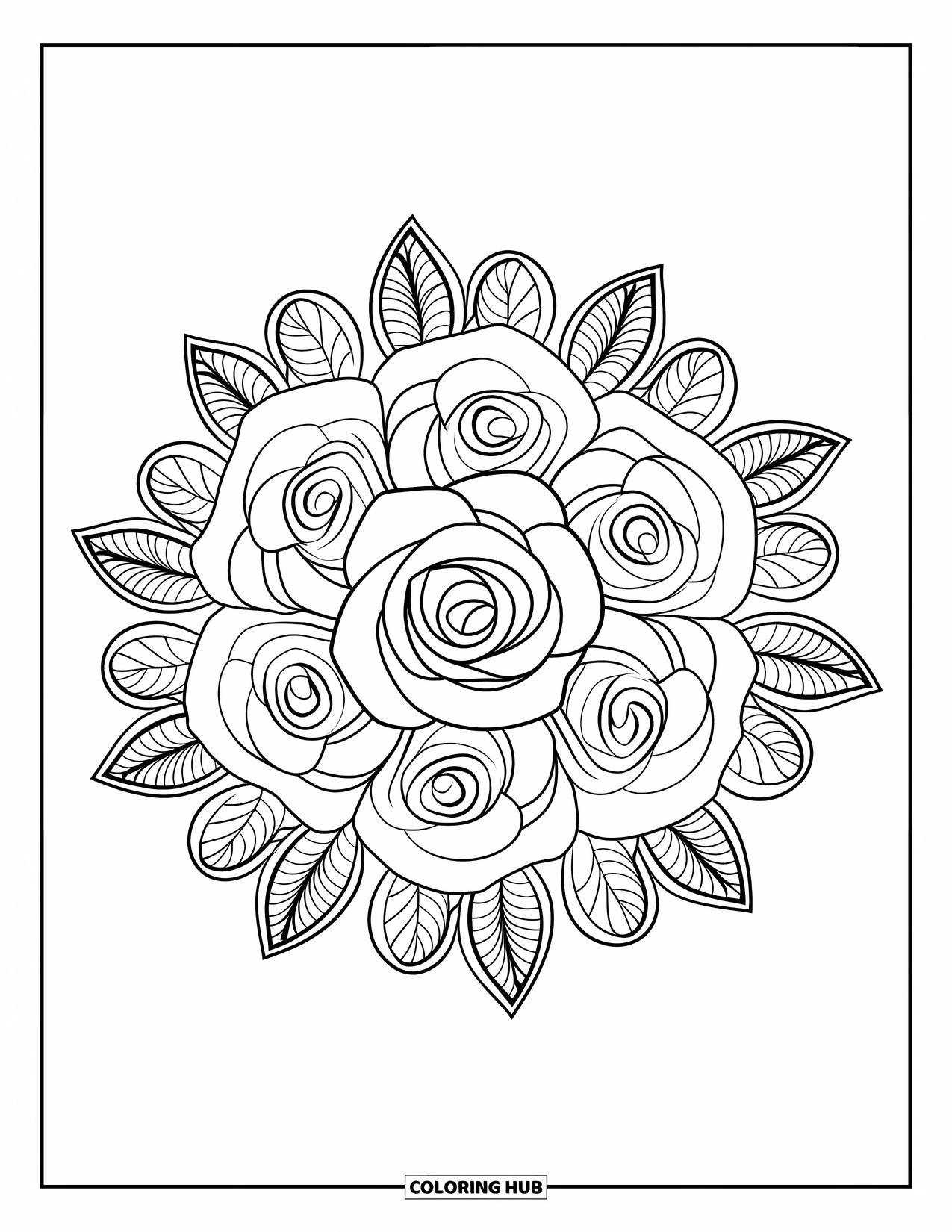 Rose Mandala Coloring Page for Kids: Layered roses and leaf patterns swirl into a detailed mandala