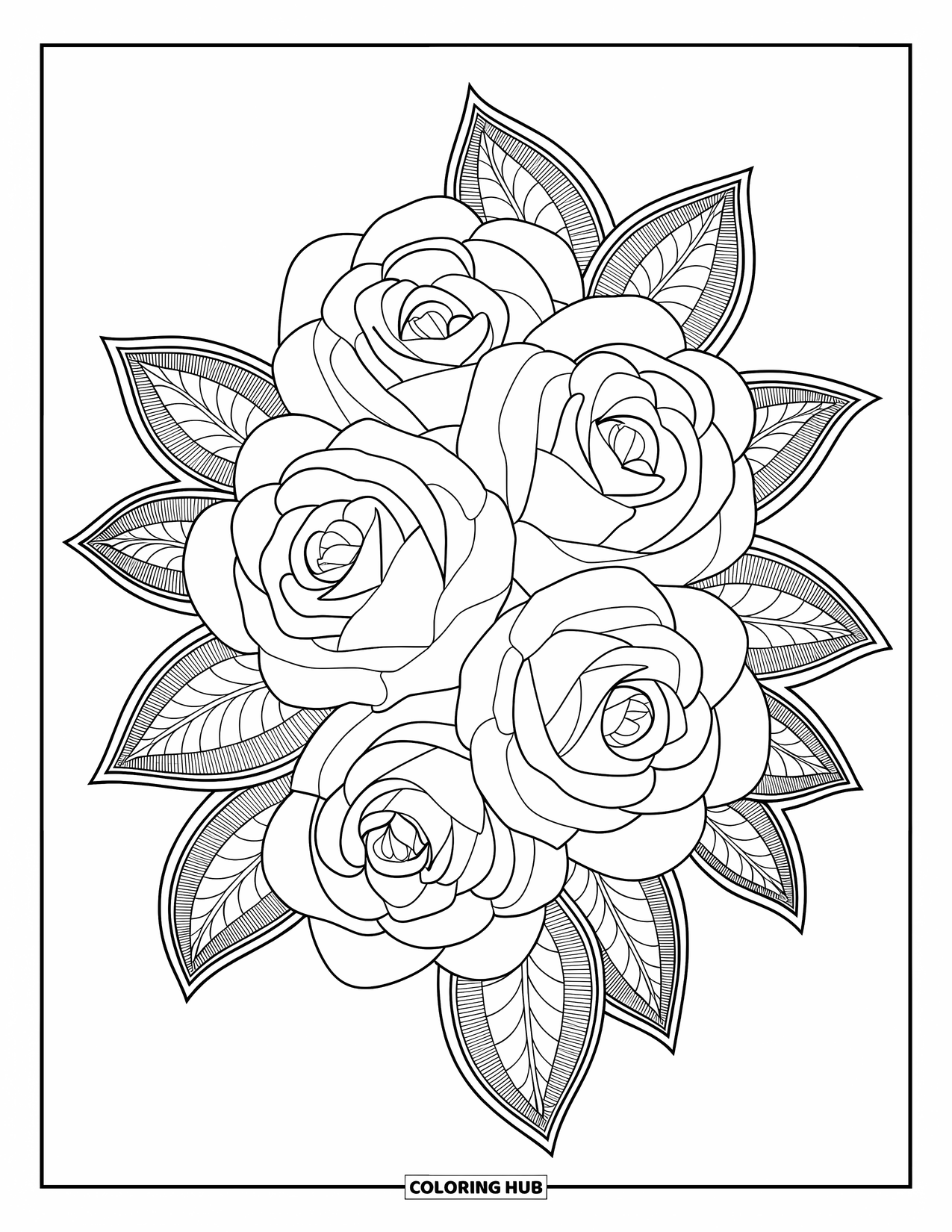 Rose Mandala Coloring Page for Kids: Mandala design with layered roses and delicate lace-style leaves