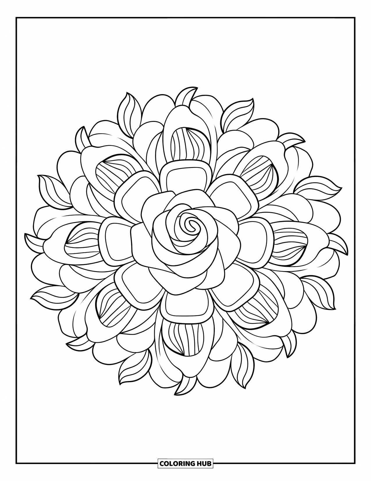 Rose Mandala Coloring Page for Kids: Repeating rosebuds and curling leaves create a circular mandala