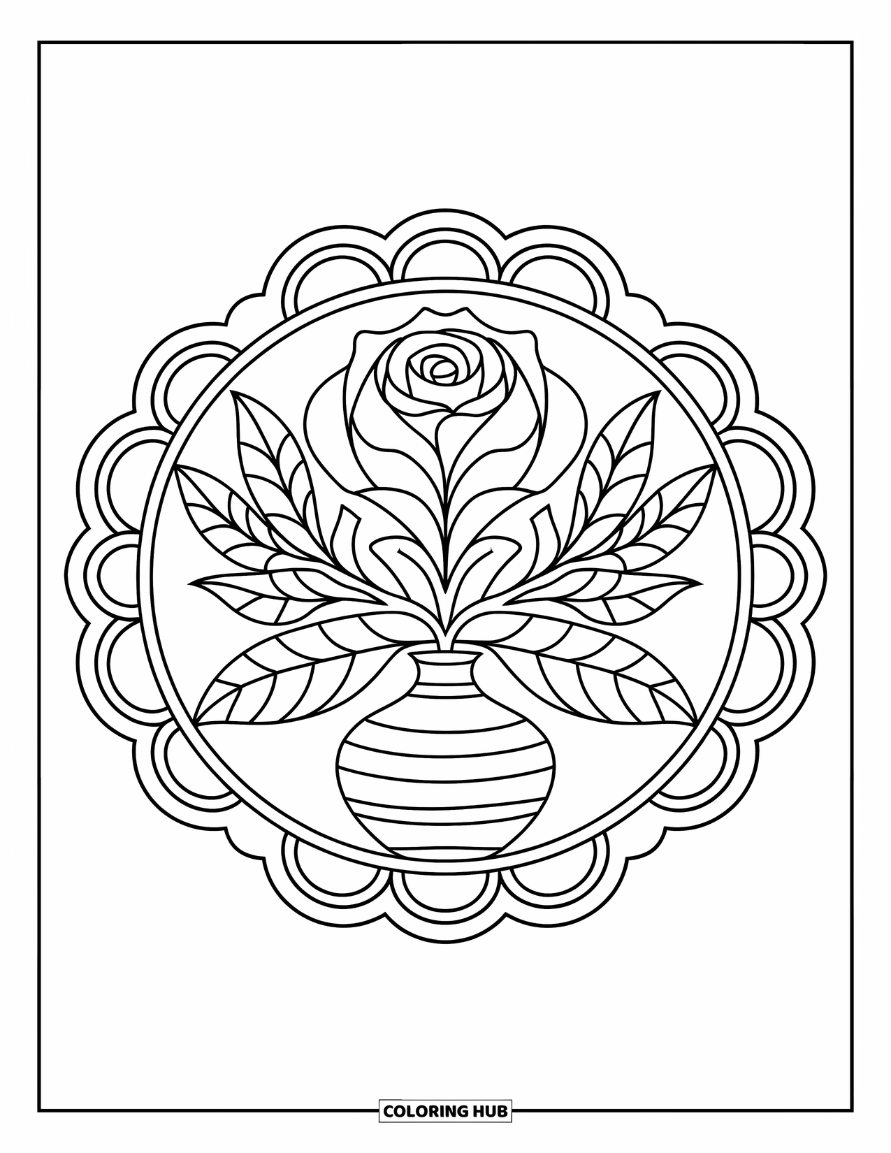 Rose Mandala Coloring Page for Kids: Rose in a vase sits at the center of scalloped petal rings