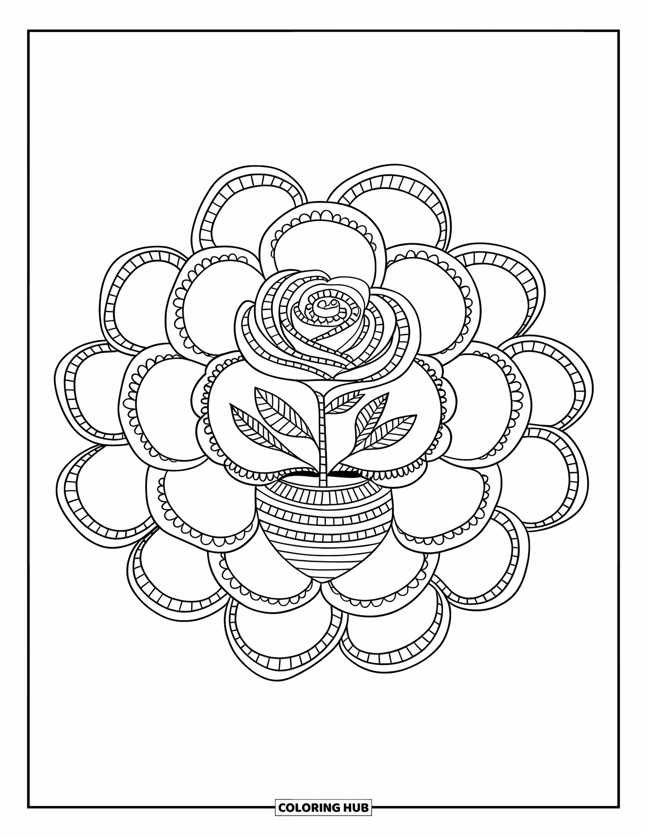 Rose Mandala Coloring Page for Kids: Rose in a vase surrounded by layered scalloped petals