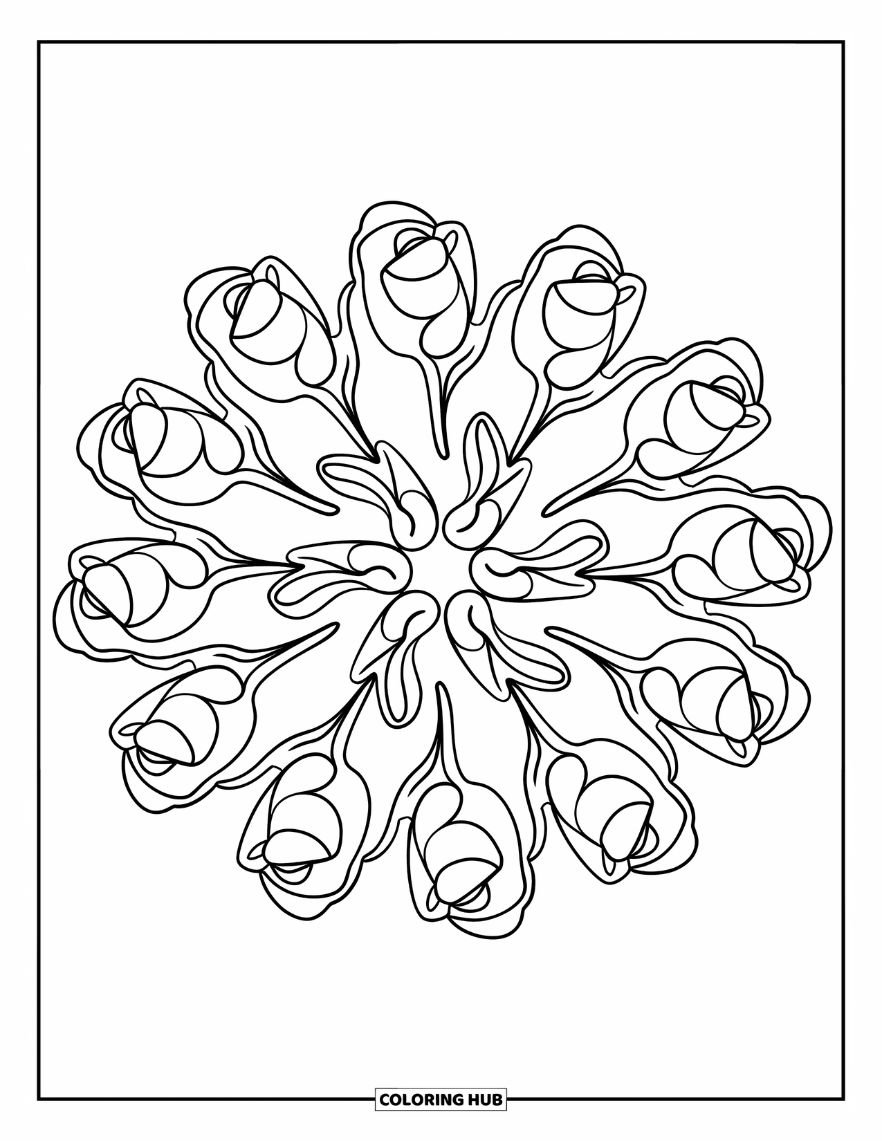 Rose Mandala Coloring Page for Kids: Rose mandala built from rosebuds and swirling leaves