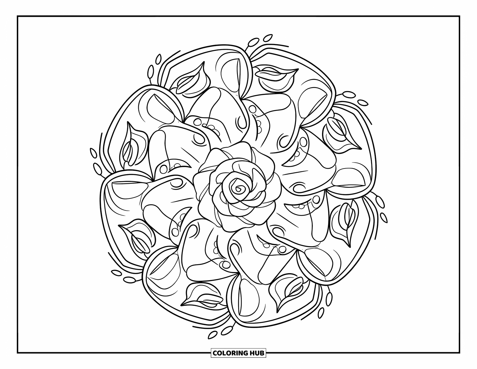 Rose Mandala Coloring Page for Kids: Rose mandala filled with petals, buds, and playful dotted flourishes