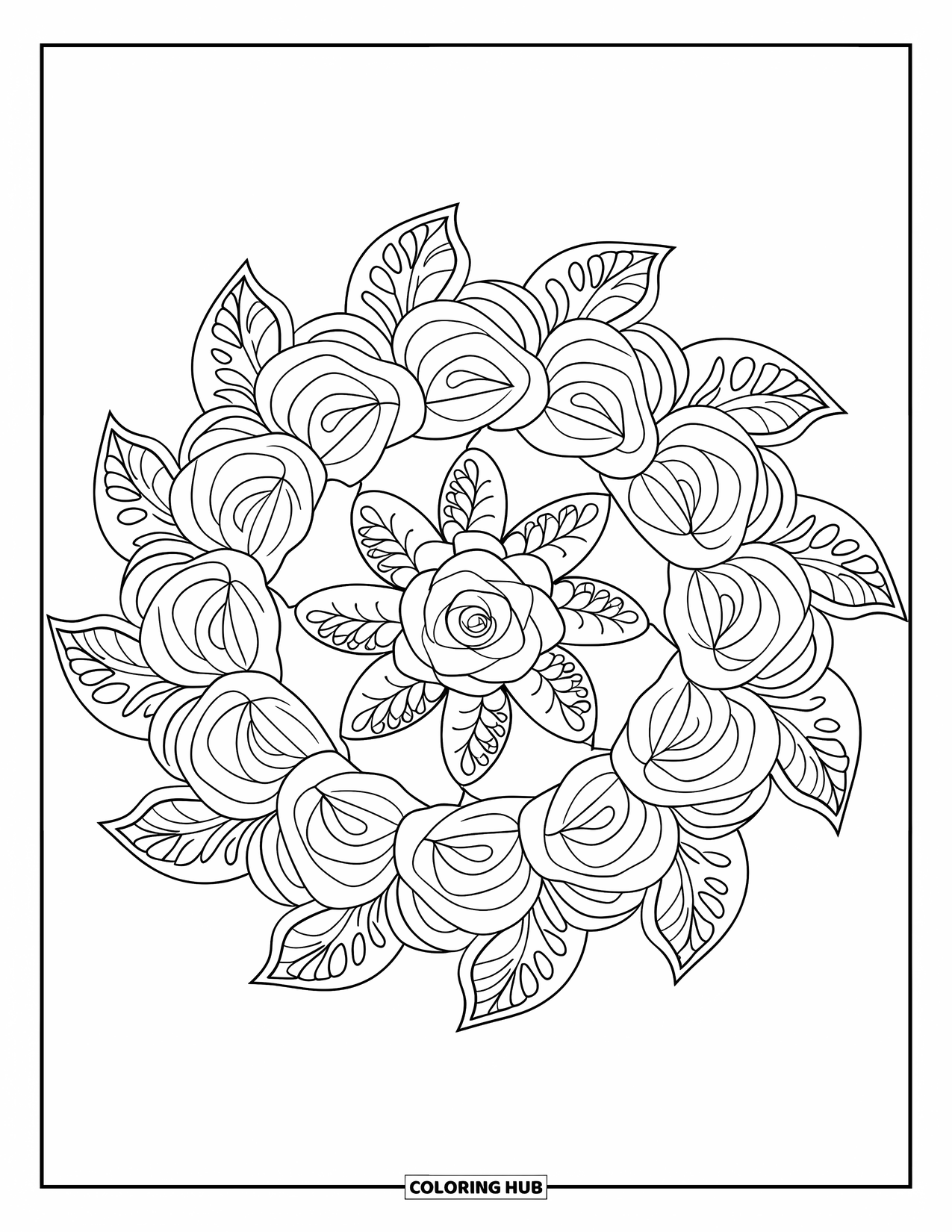 Rose Mandala Coloring Page for Kids: Rose mandala made of layered roses and lace-style leaf patterns
