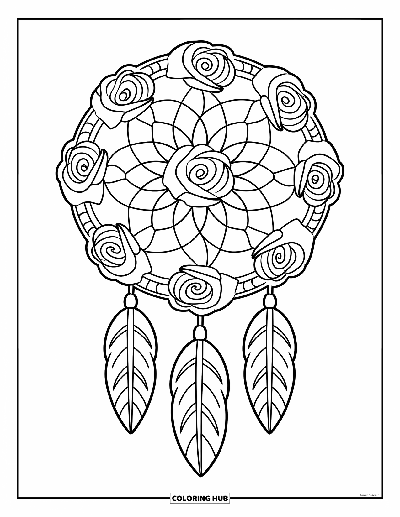Rose Mandala Coloring Page for Kids: Rose mandala shaped like a dreamcatcher with vines and roses